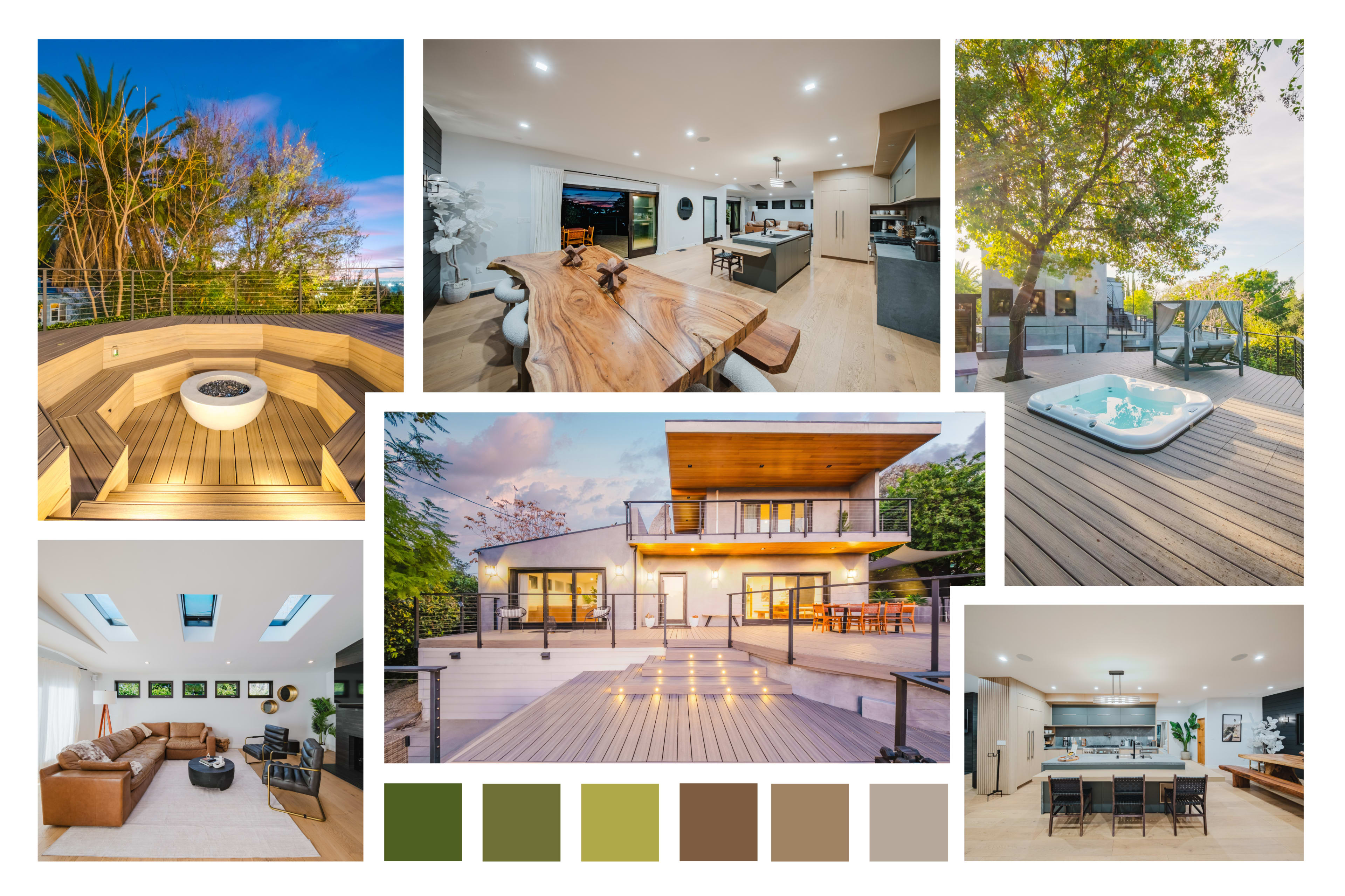 The image features a collage of various modern home interiors and exteriors, showcasing a fire pit on a deck, a spacious living room, an upscale kitchen, and a multi-level outdoor area with a pool and dining space.