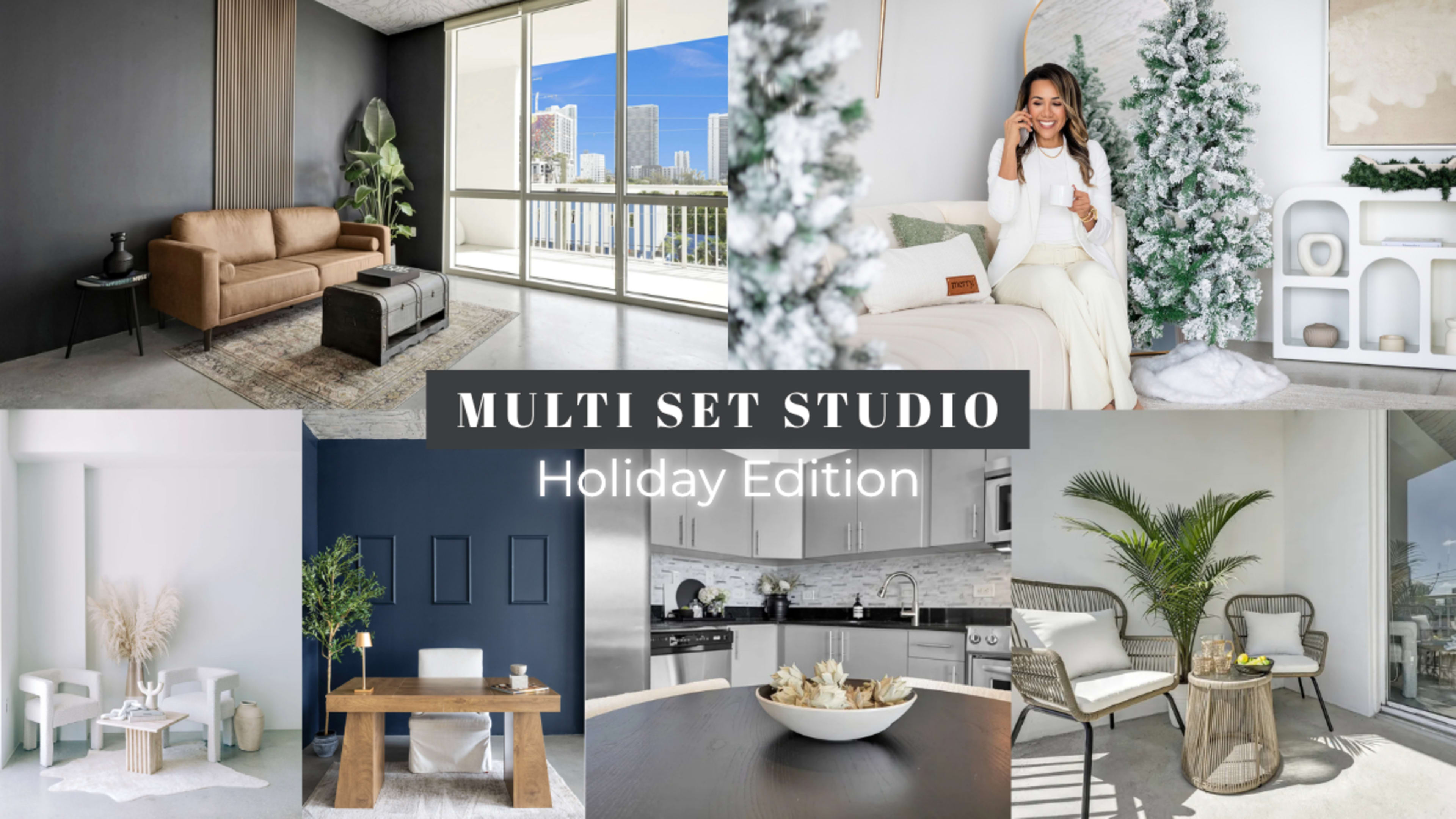 The image displays a collage of various designed studio setups, showcasing different interior styles and holiday decorations, including living areas, dining spaces, and kitchens.