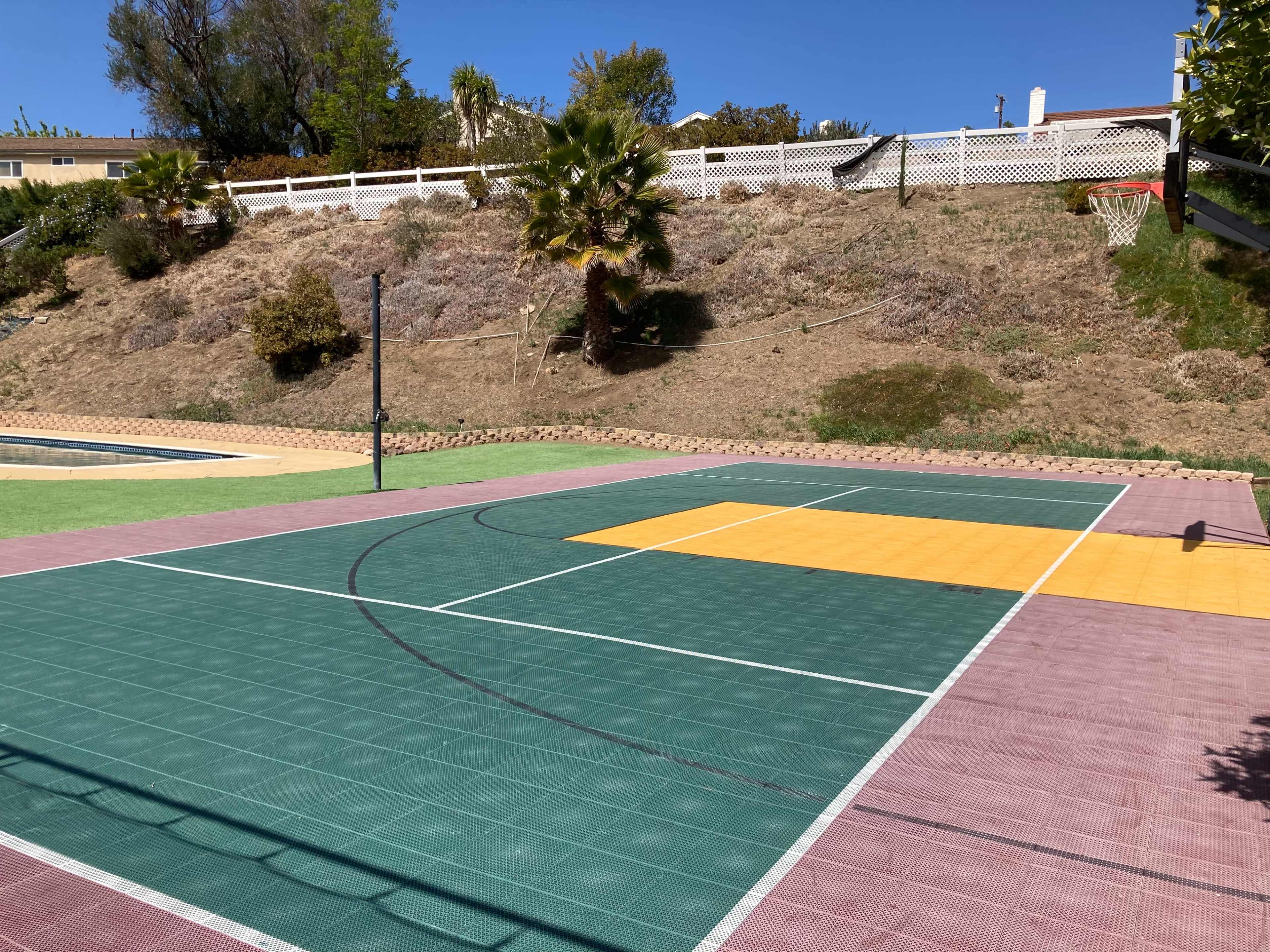 A multi-colored outdoor basketball court with a sloping hillside and palm trees in the background.