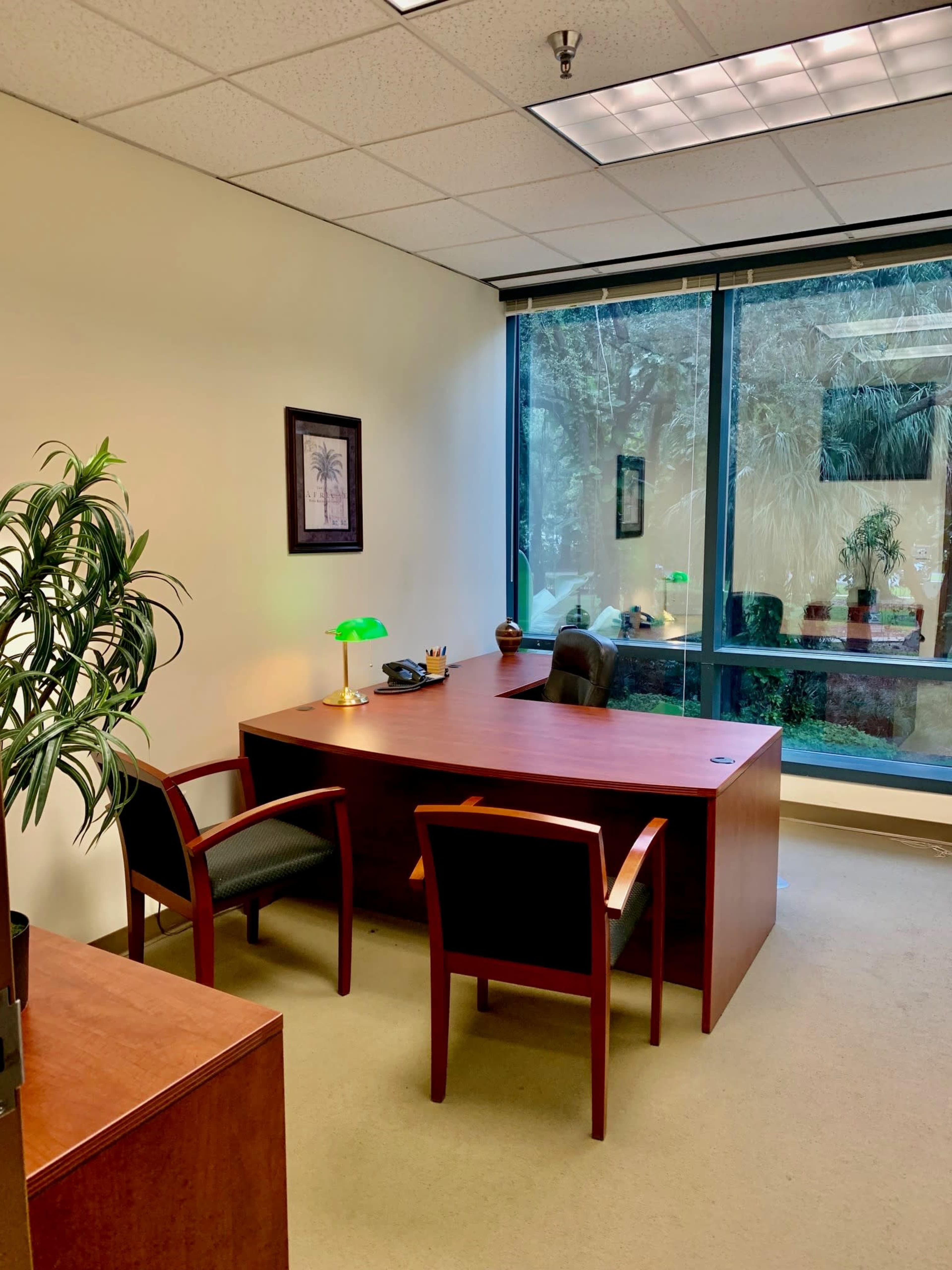 A minimalistic office space featuring a wooden desk, two chairs, a green desk lamp, and a large window overlooking a garden.