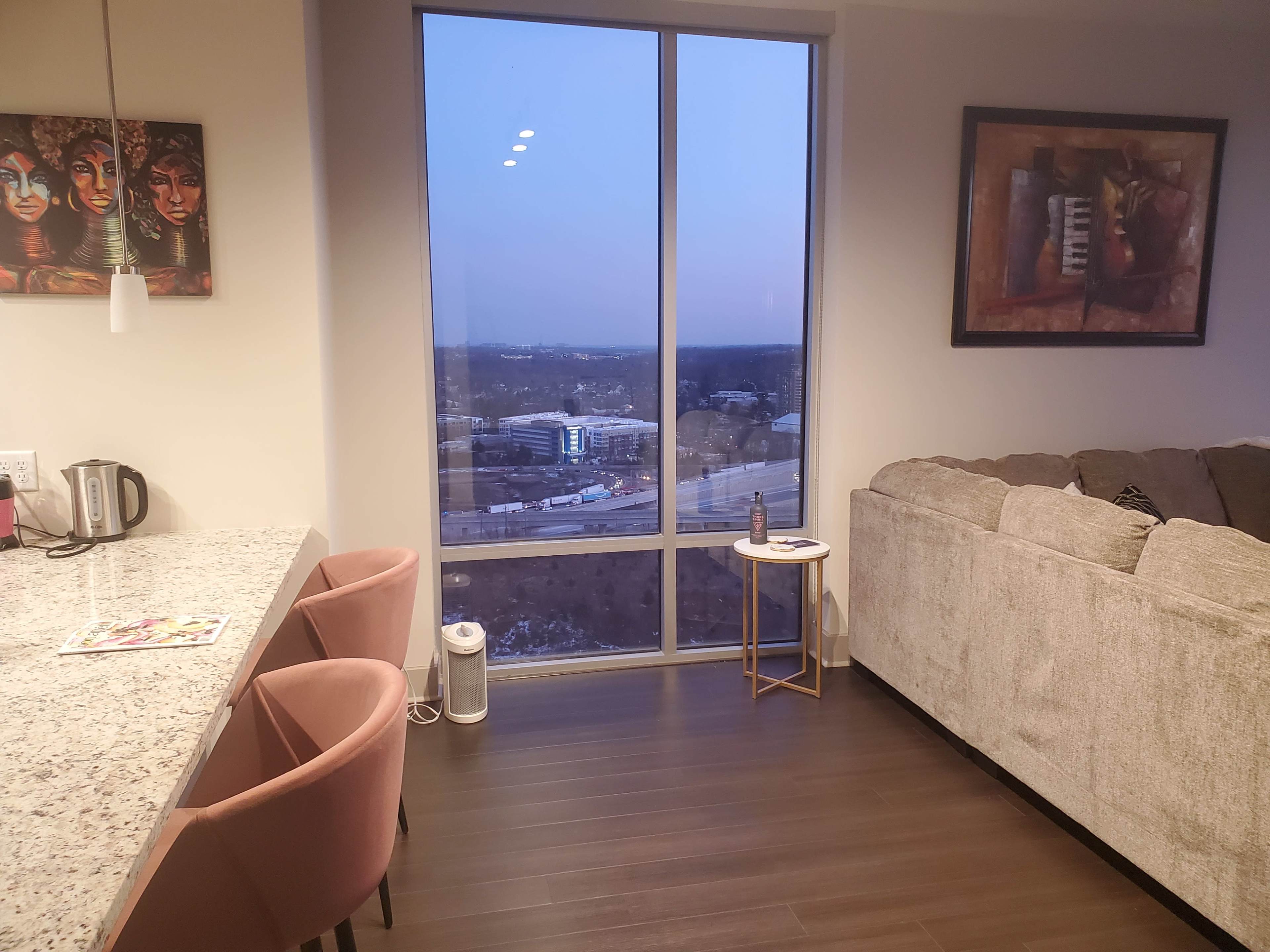 A modern living space features a kitchen area with a coffee maker, two pink upholstered chairs, and a large window showcasing an outdoor view.