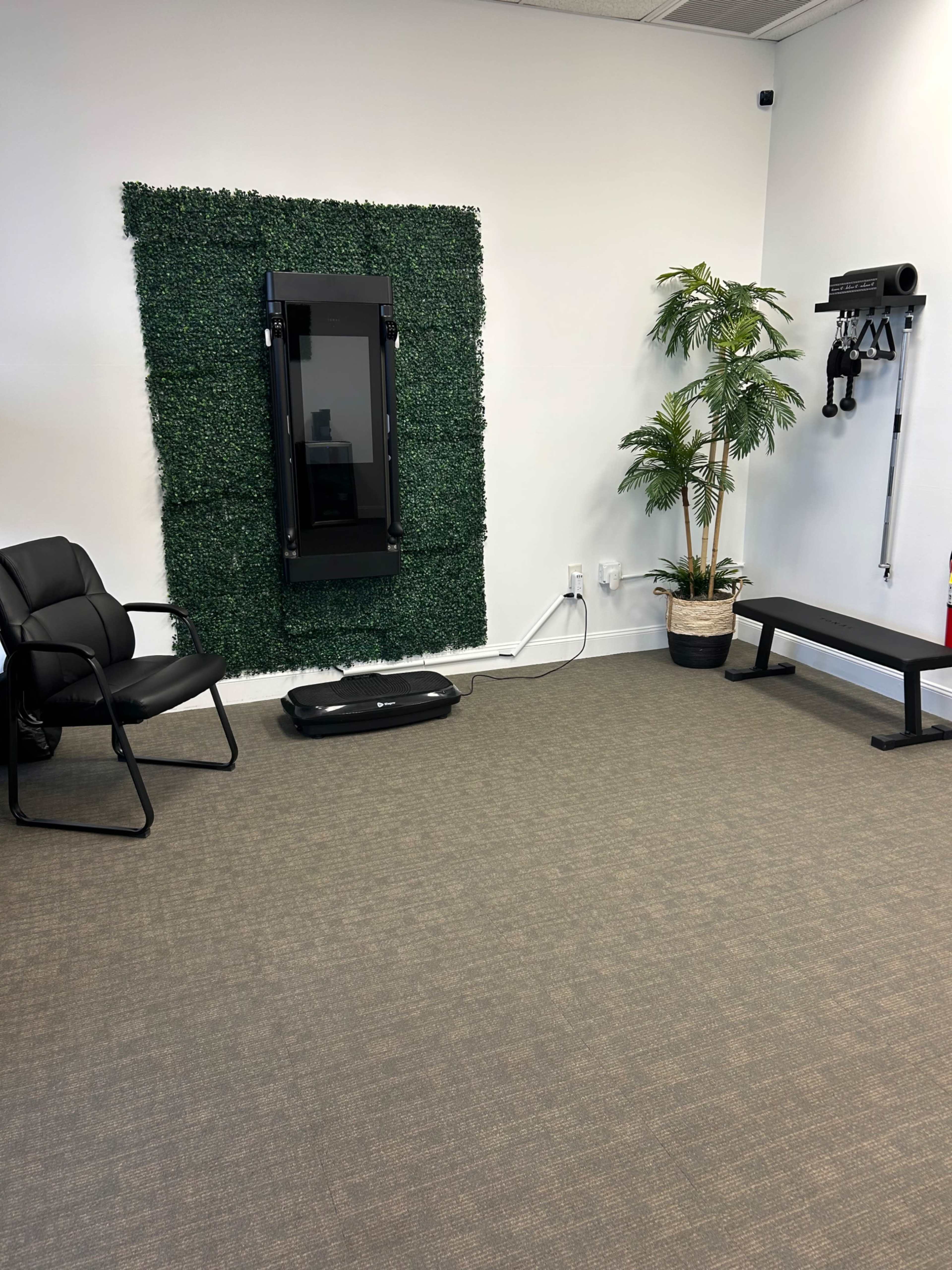 The image shows a minimalistic fitness space with a chair, a wall covered in greenery, a vertical mirror, a bench, and fitness equipment mounted on the wall.