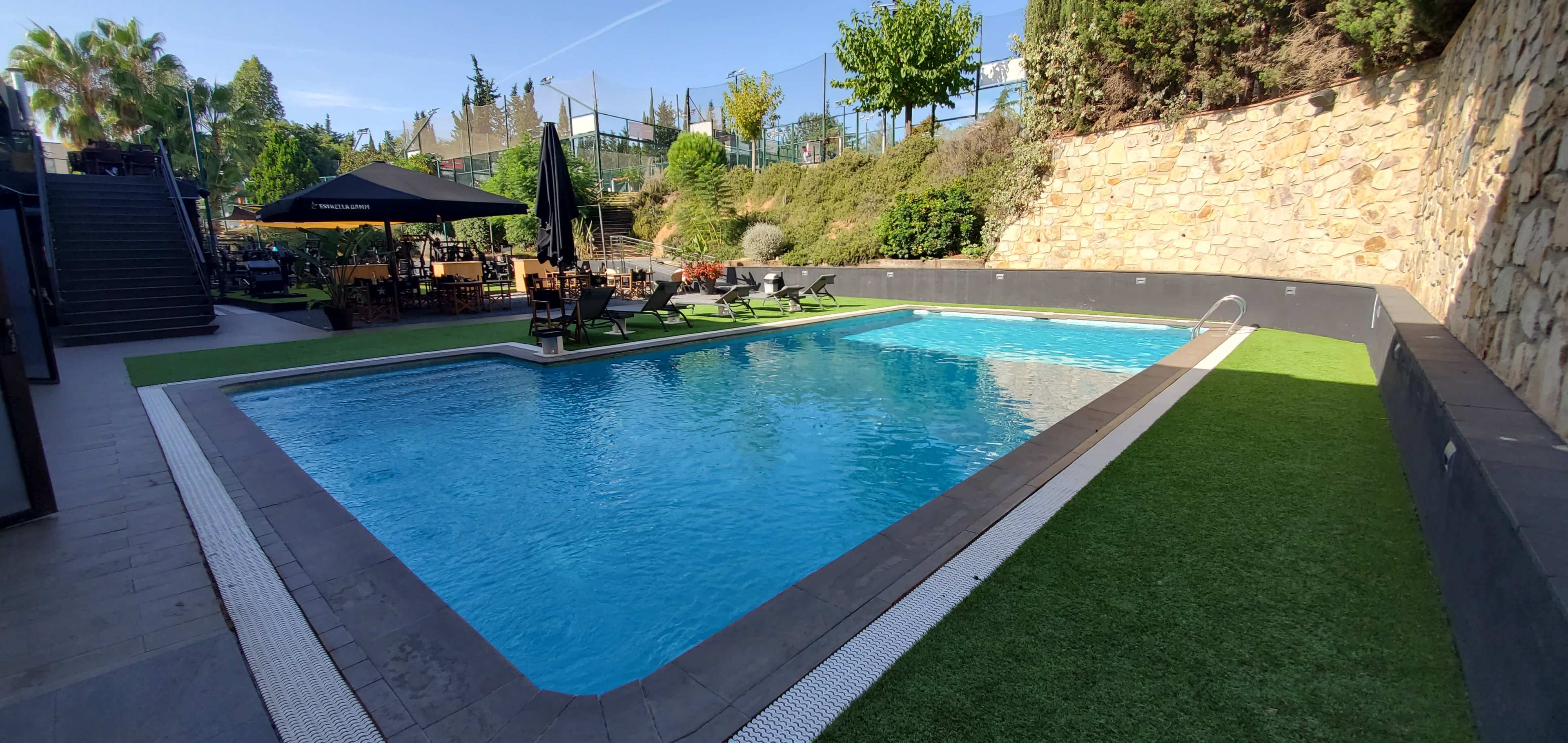 The image shows a rectangular swimming pool surrounded by green grass and lounge chairs, with a stone wall and landscaped area in the background.