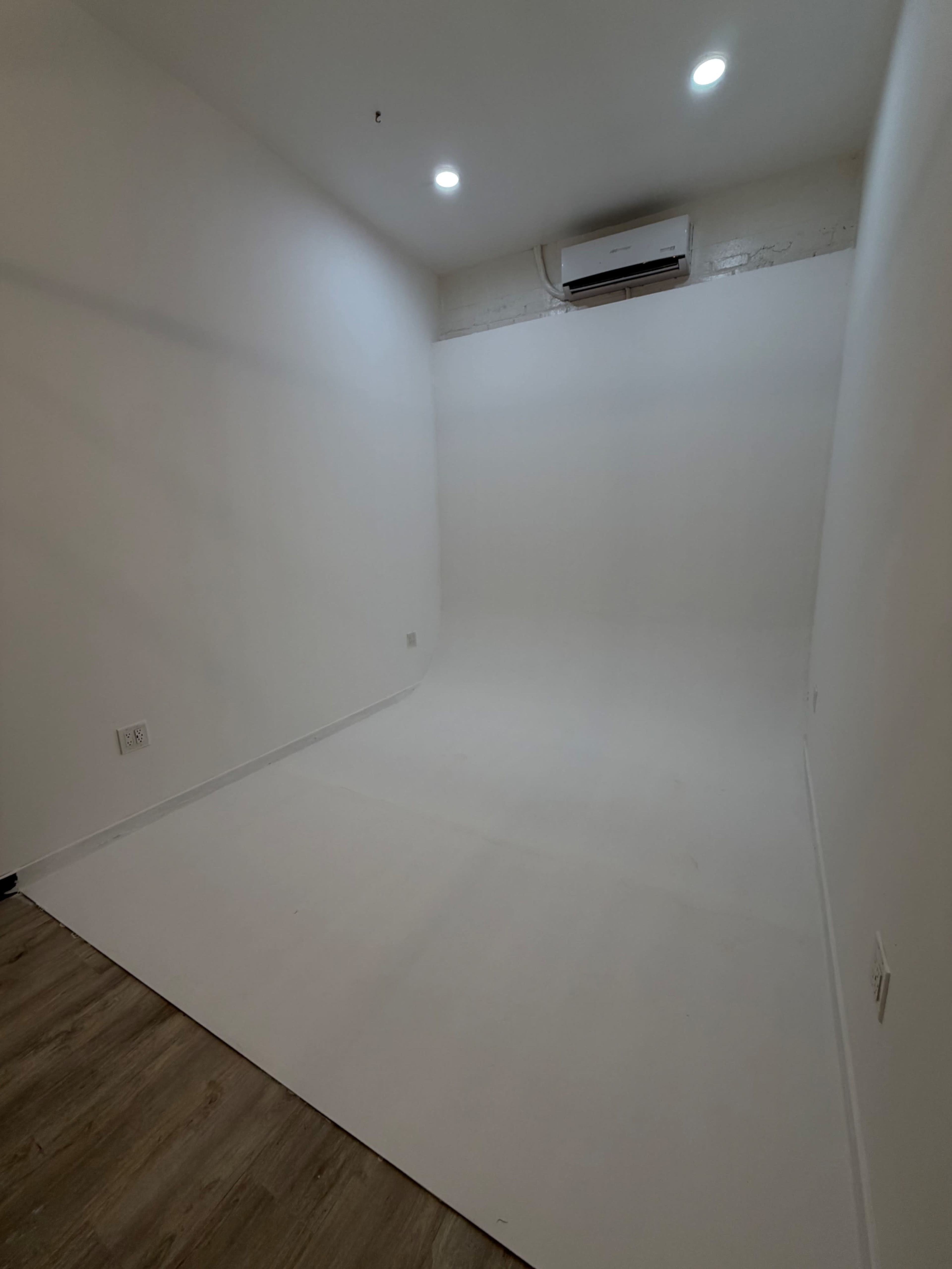 The image shows a minimalist photo studio with a smooth white backdrop and wooden flooring, illuminated by overhead lights.