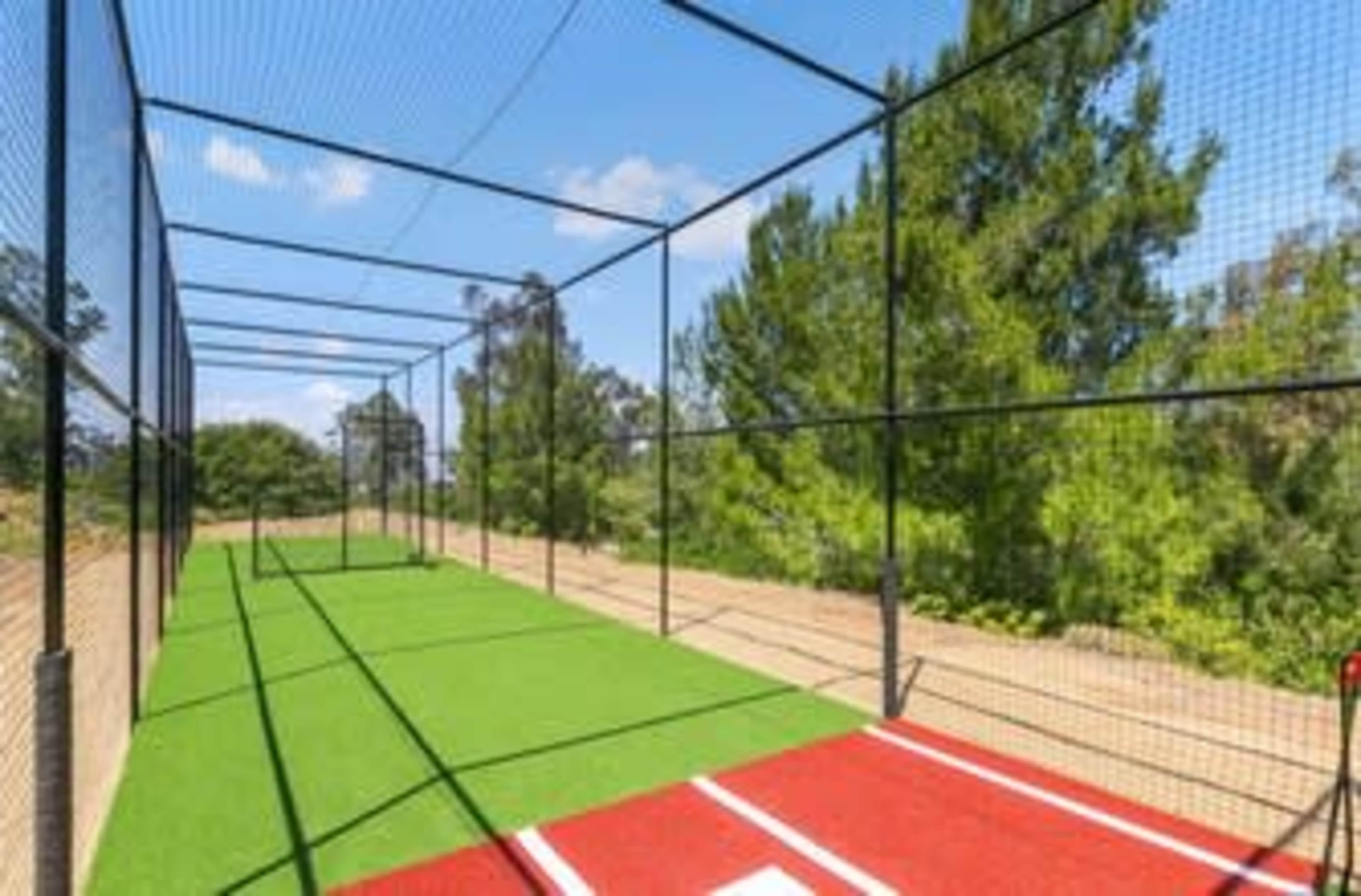 A baseball batting cage with artificial turf and a red home plate area, surrounded by tall trees and blue sky.