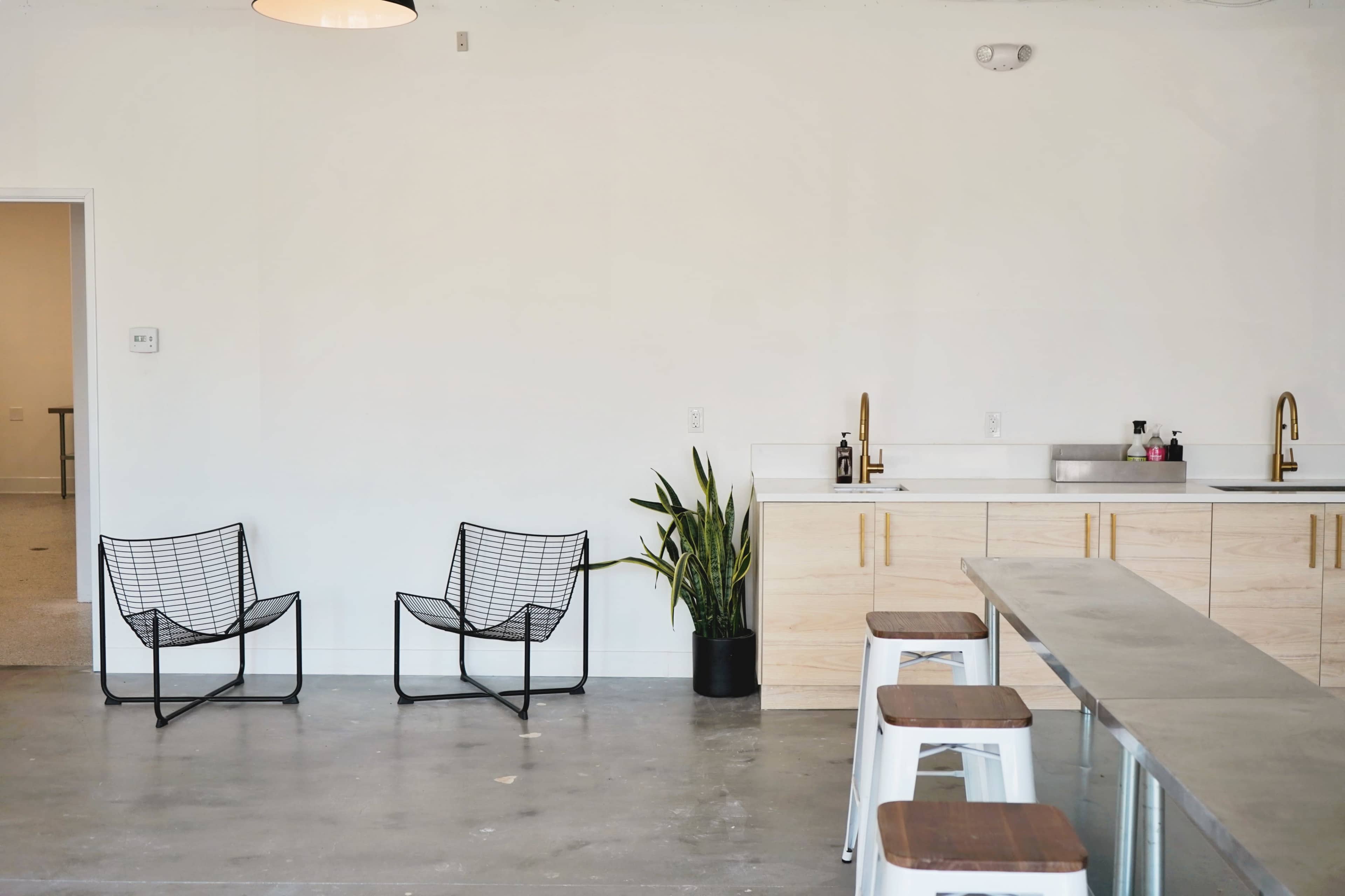 A minimalist interior space with two wire chairs, a potted plant, and a kitchen area featuring a countertop and sink.