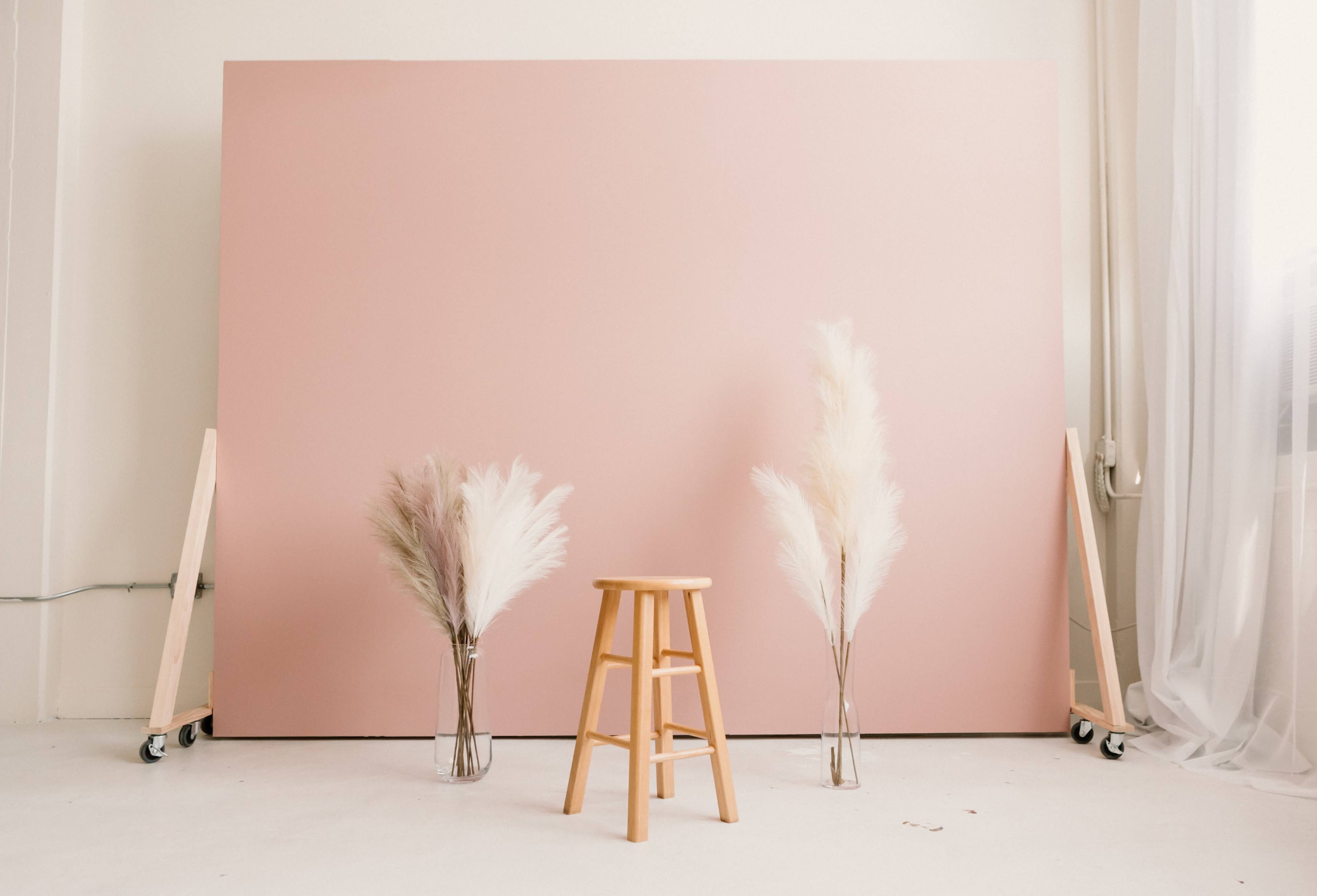 A wooden stool stands in front of a large pink backdrop, flanked by two vases containing tall, dried pampas grass.