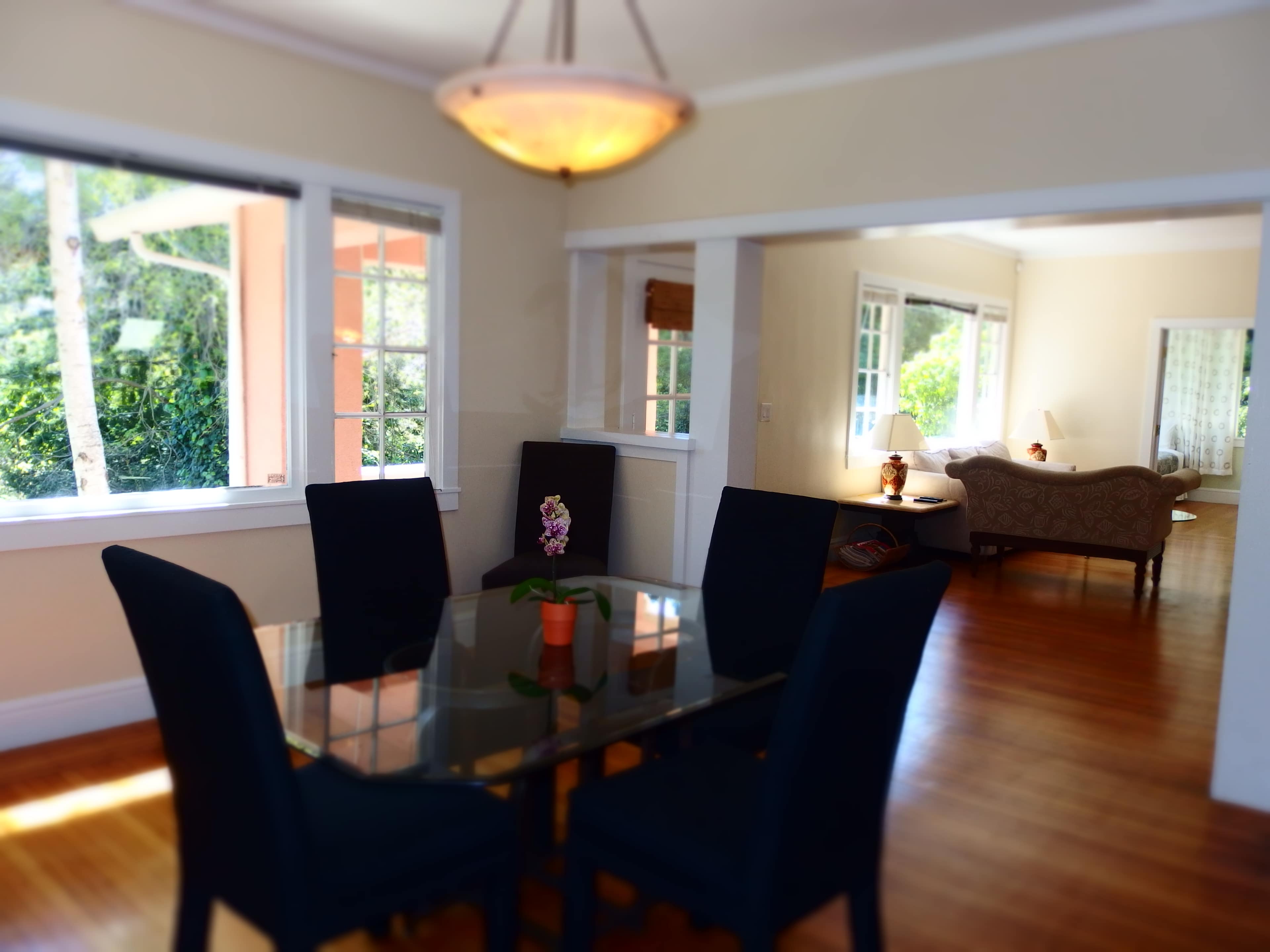 A dining area with a glass table and black chairs opens to a living room with light-colored furniture and large windows letting in natural light.
