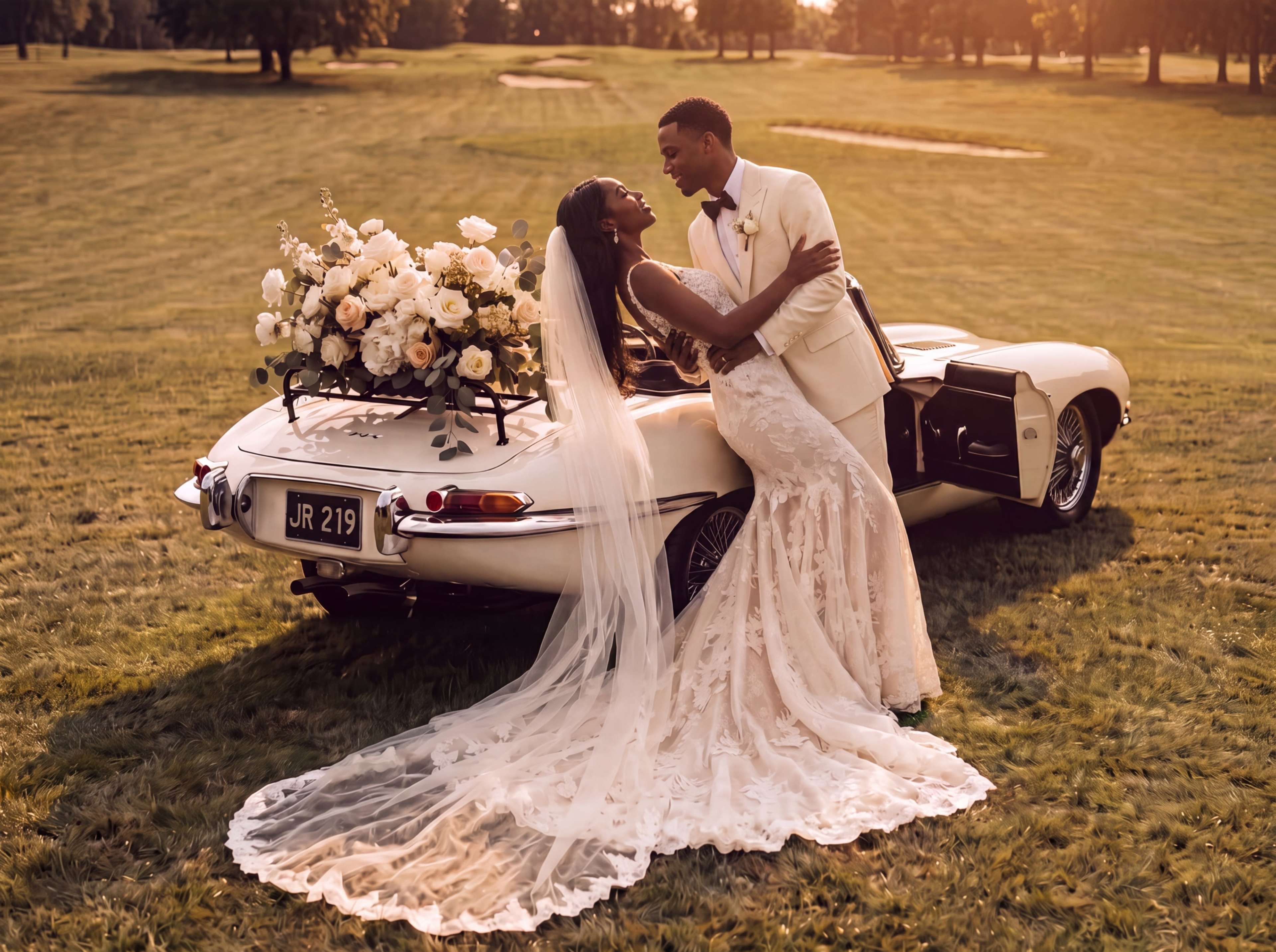 A bride and groom share a kiss by a vintage car adorned with flowers on a sunlit golf course.