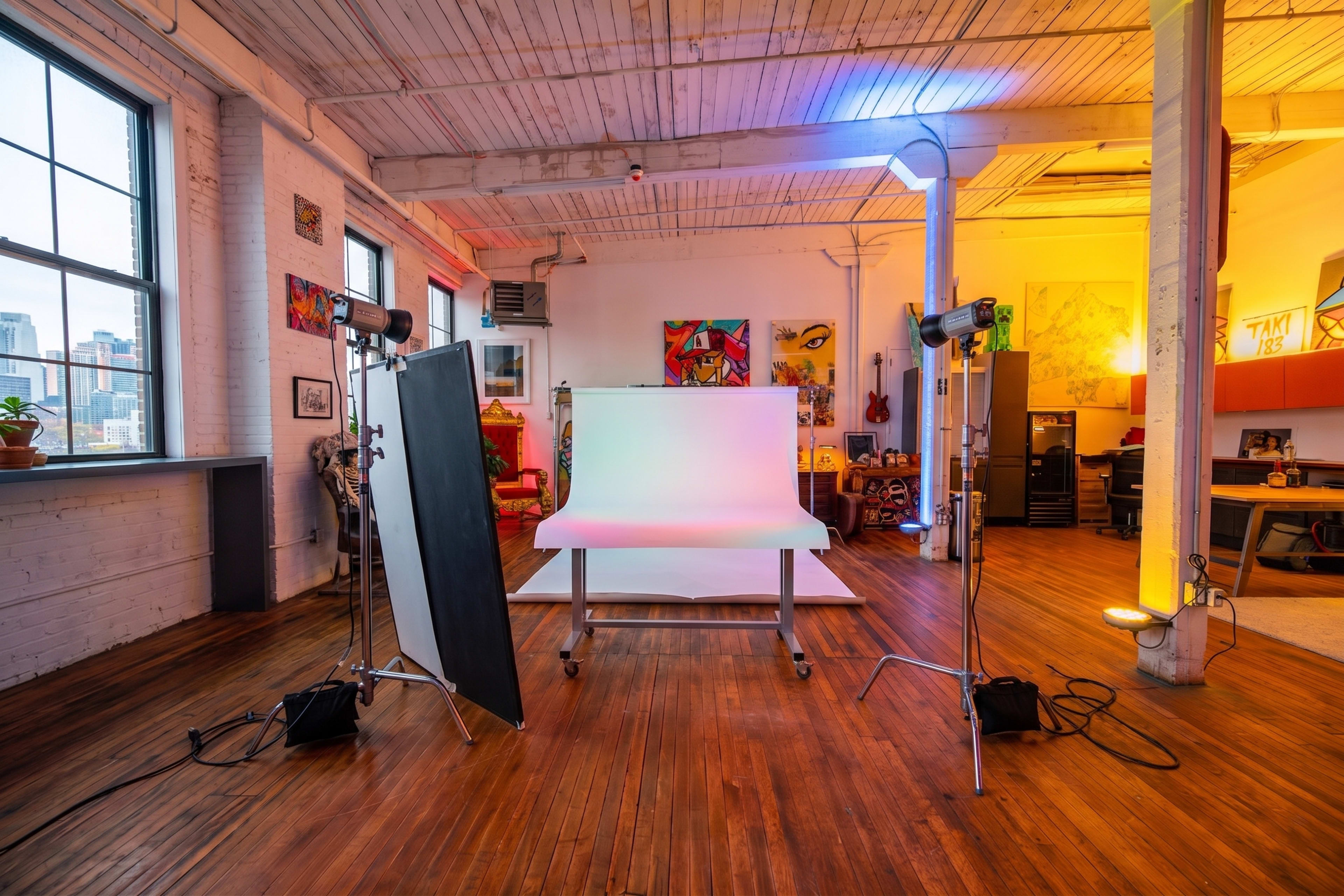 The image shows a well-lit photography studio with a white backdrop, adjustable lighting equipment, and a wooden floor.