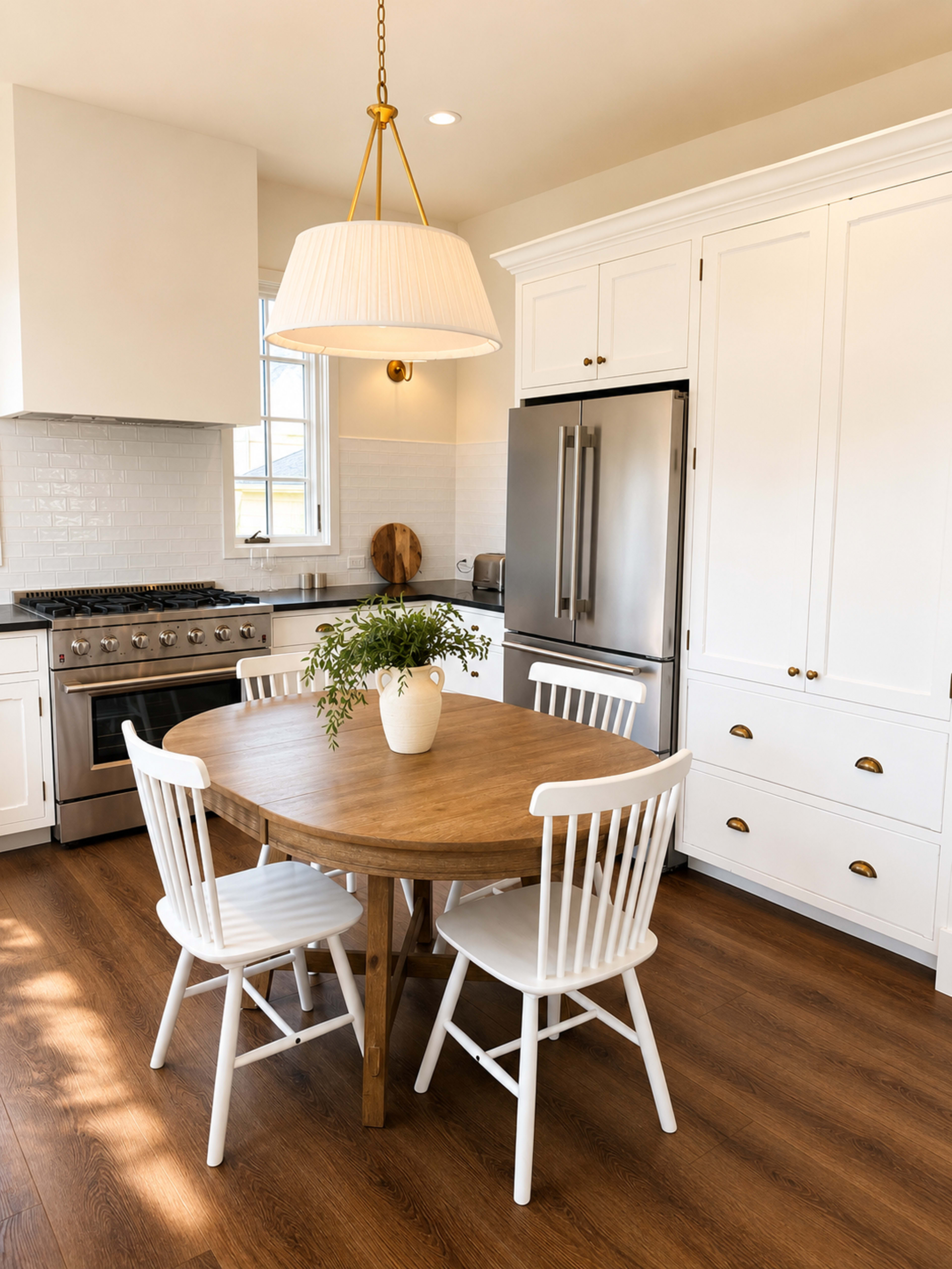 The image shows a bright, modern kitchen featuring a round wooden dining table surrounded by white chairs and equipped with stainless steel appliances.