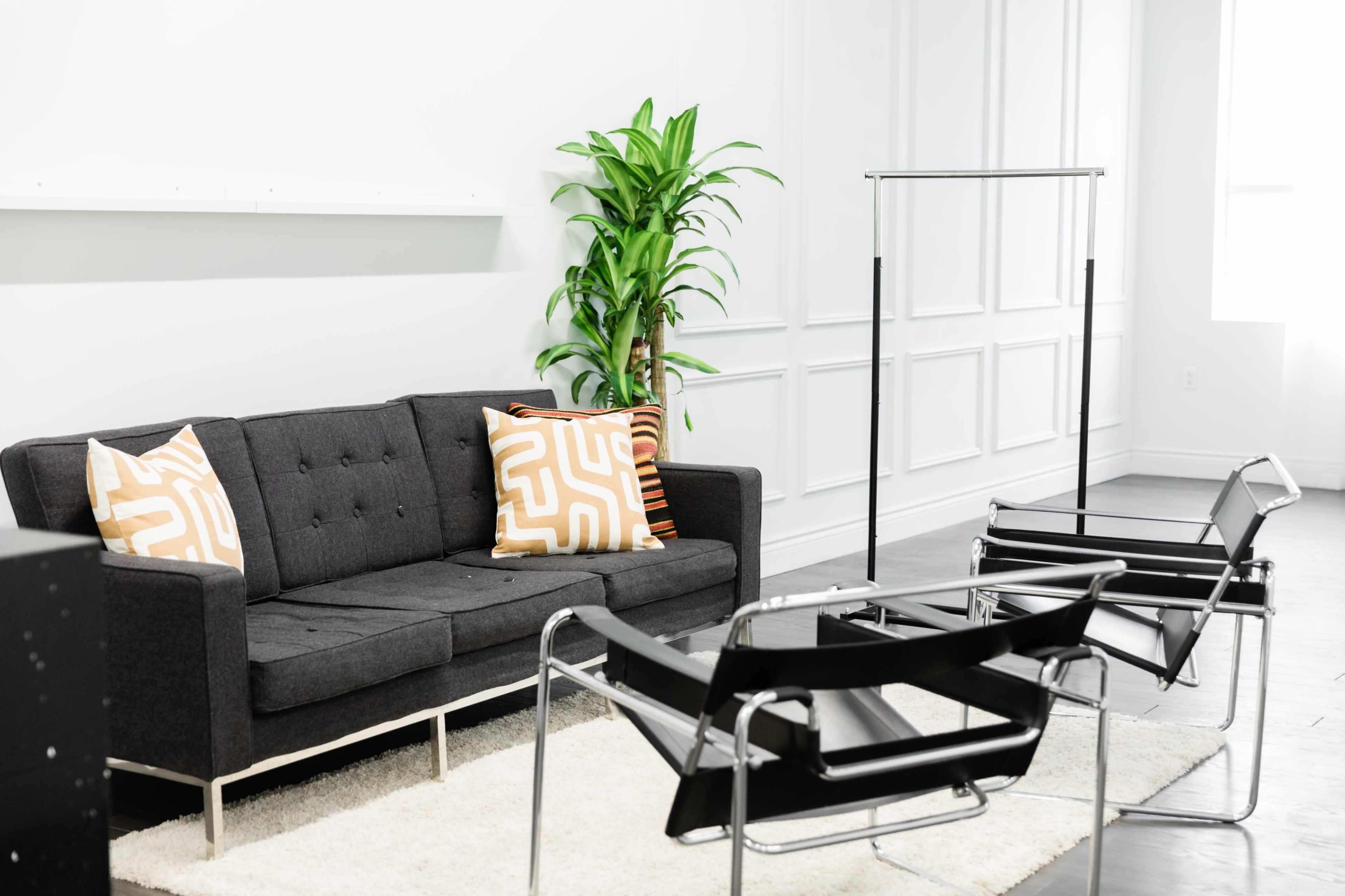 A modern living space featuring a gray couch with patterned pillows, two black chairs, a clothing rack, and a potted plant against a white wall.