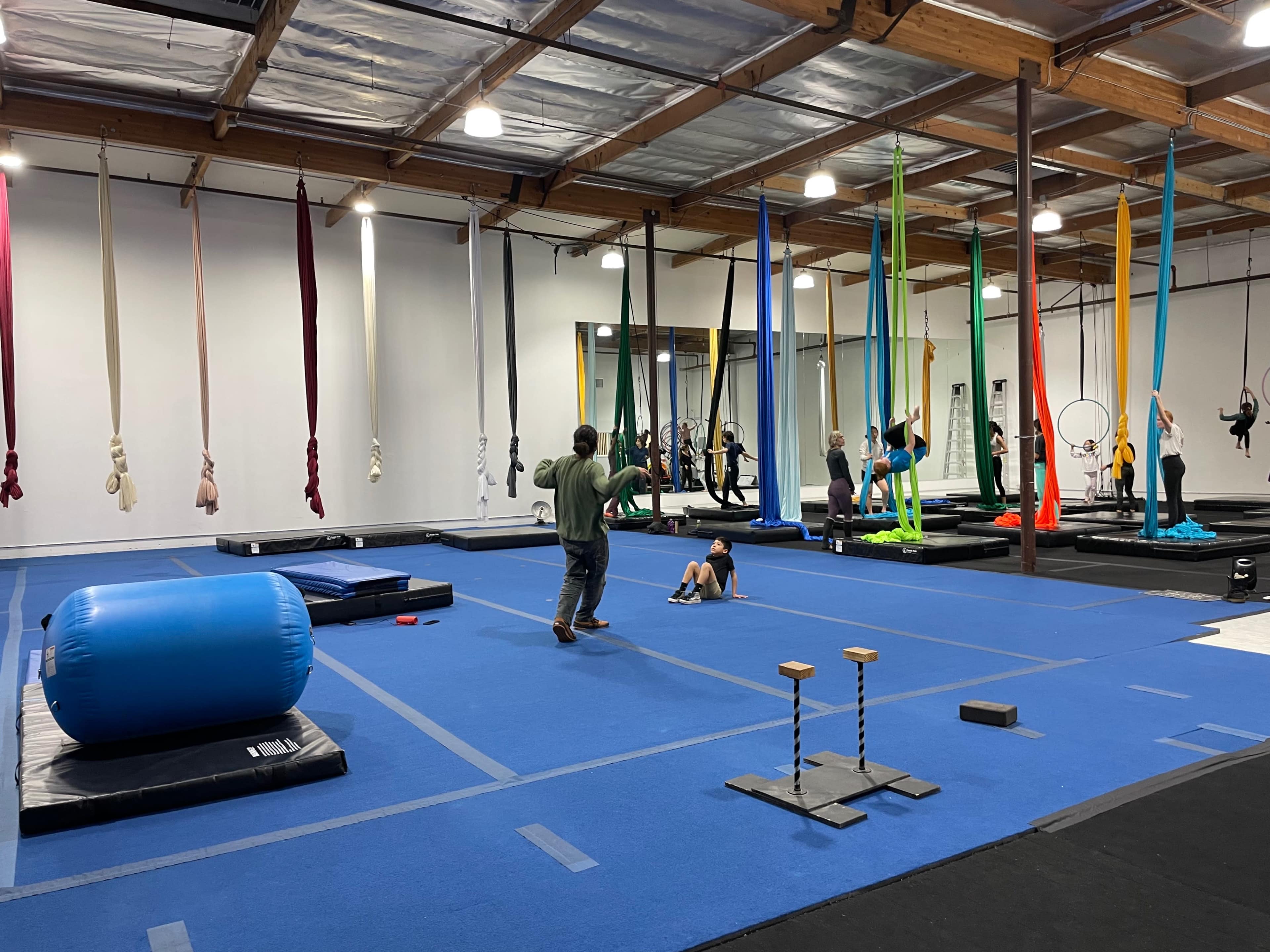 An indoor training facility for aerial arts, featuring various suspended fabrics and aerial hoops, along with mats and a blue air-filled obstacle.