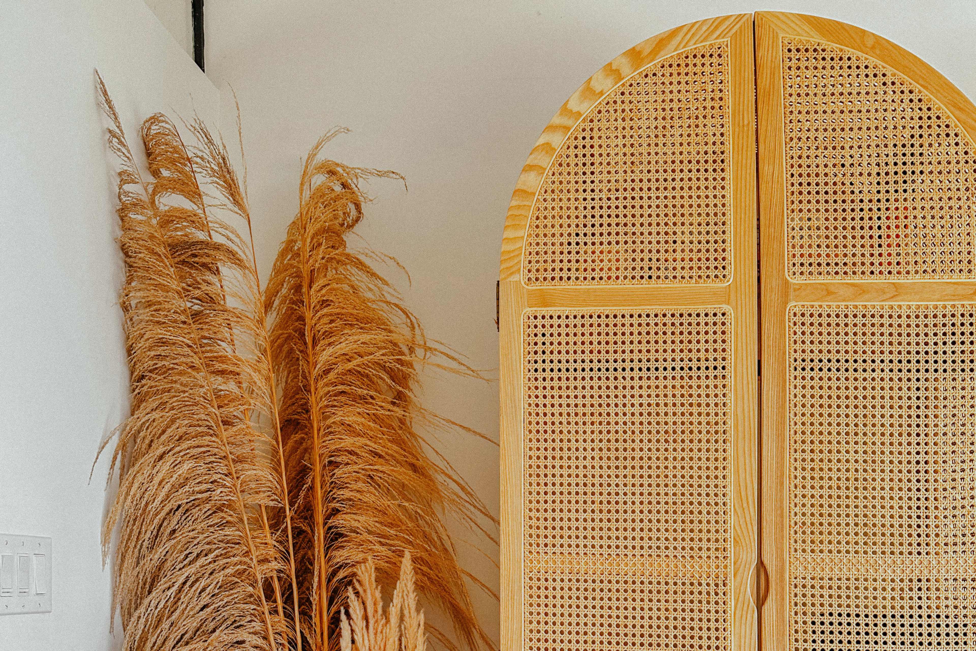 A wooden room divider stands next to tall, dried palm leaves against a light-colored wall.