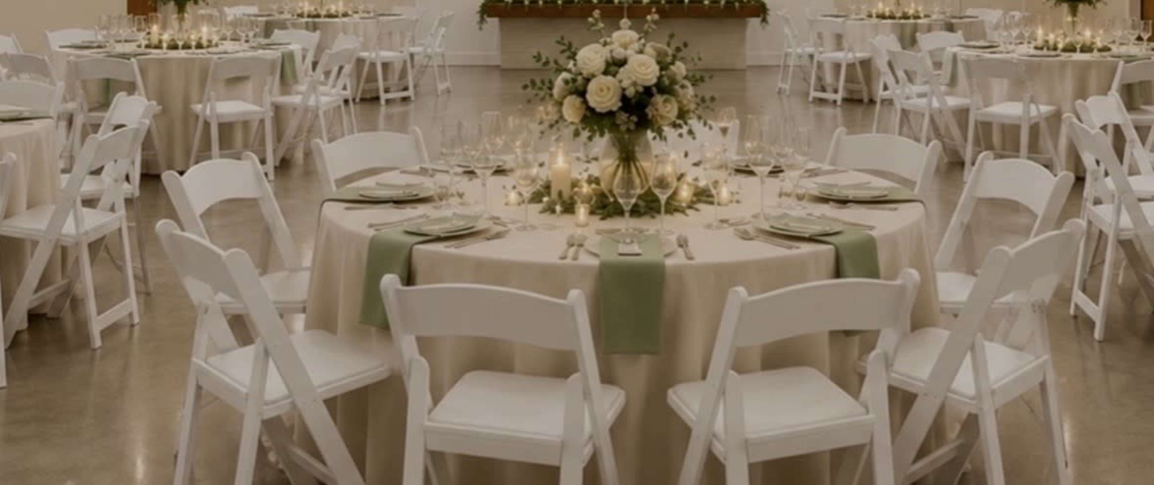 The image depicts a banquet hall set up for an event, featuring round tables adorned with floral centerpieces and white chairs arranged around them.