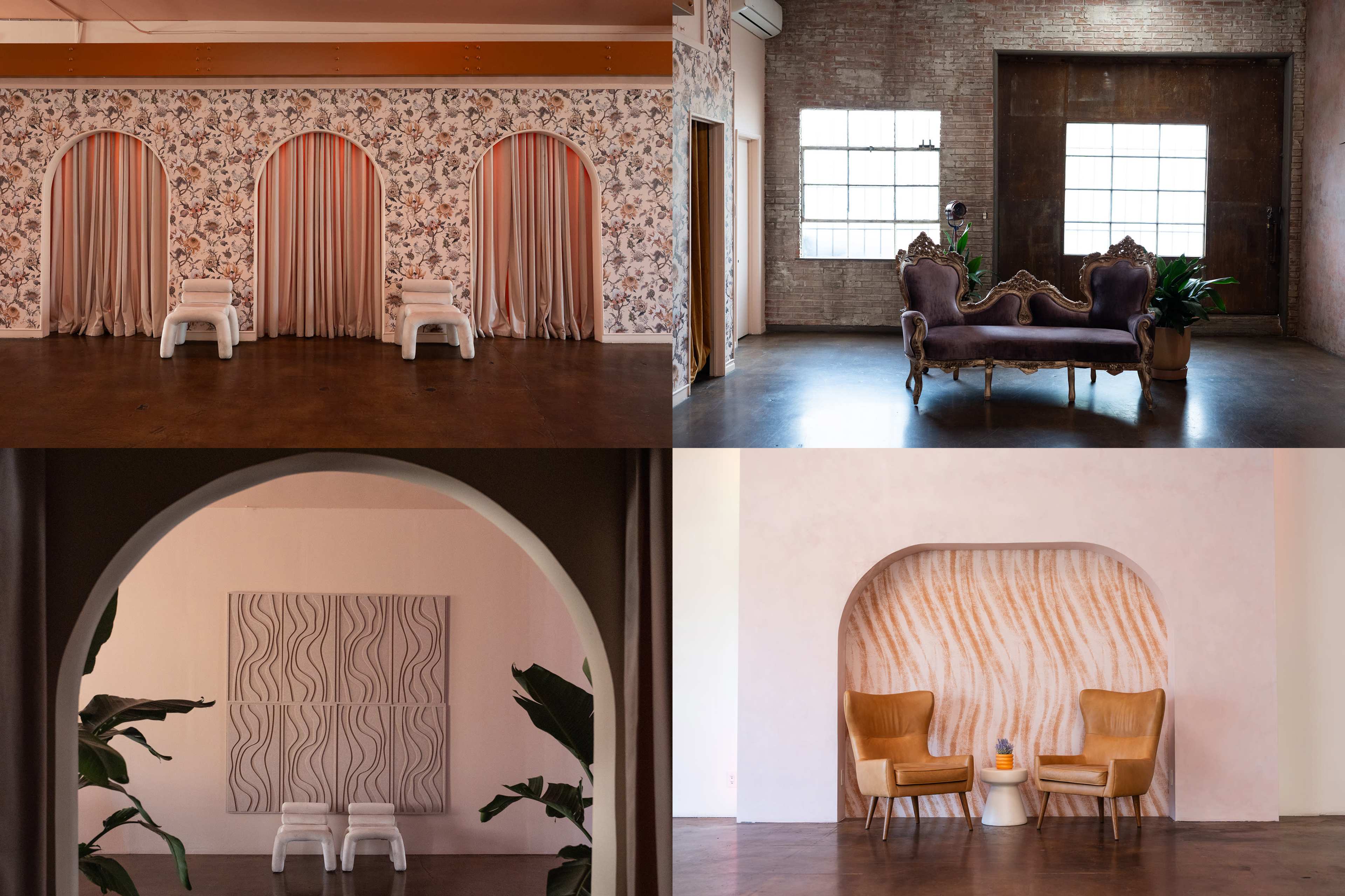 The image features a stylish interior with four distinct areas: two with decorative arches and soft furnishings, one showcasing a vintage couch and large windows, and another highlighting modern artwork with unique textures.