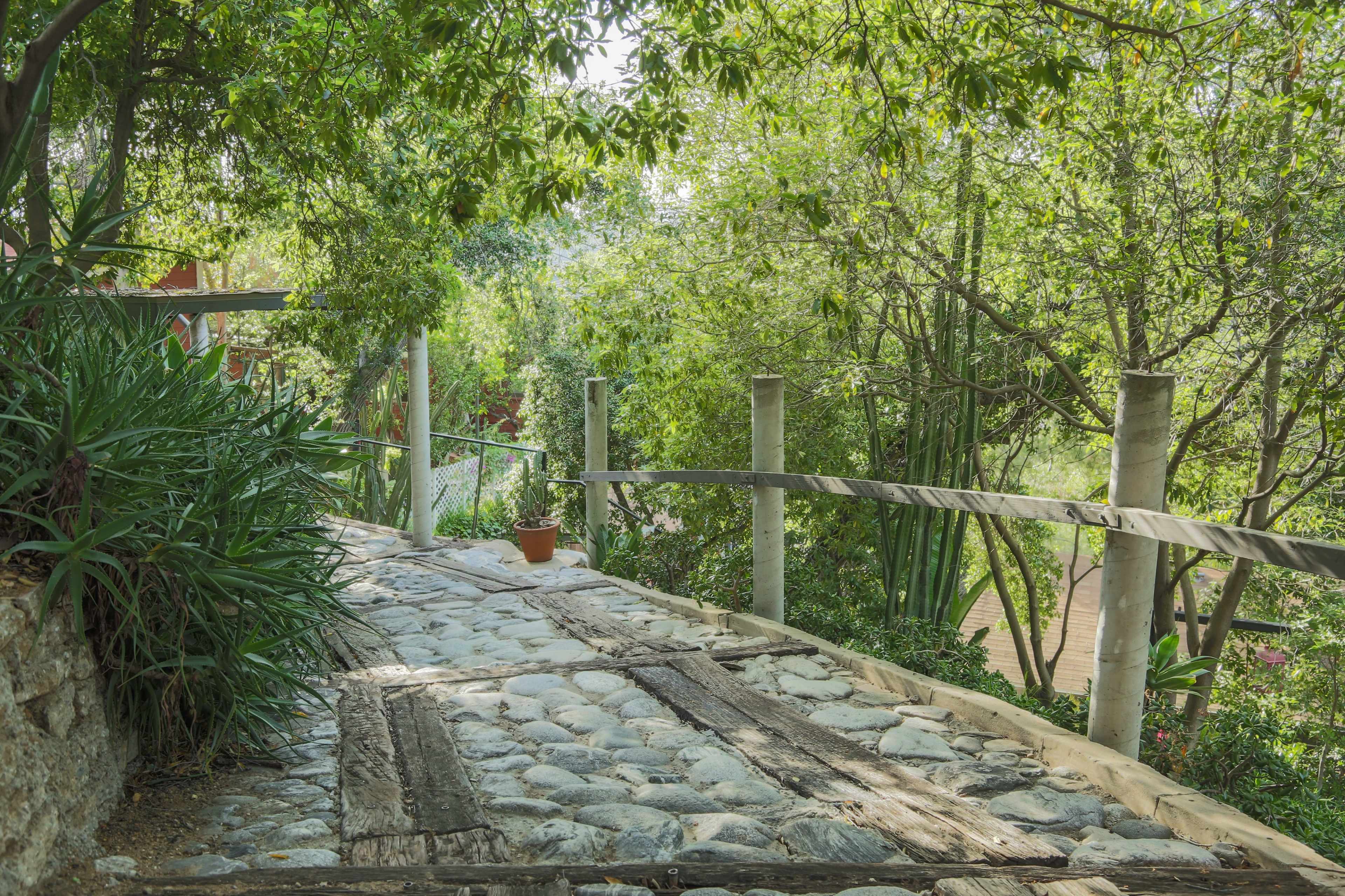 A stone pathway with wooden accents is surrounded by lush greenery and trees.