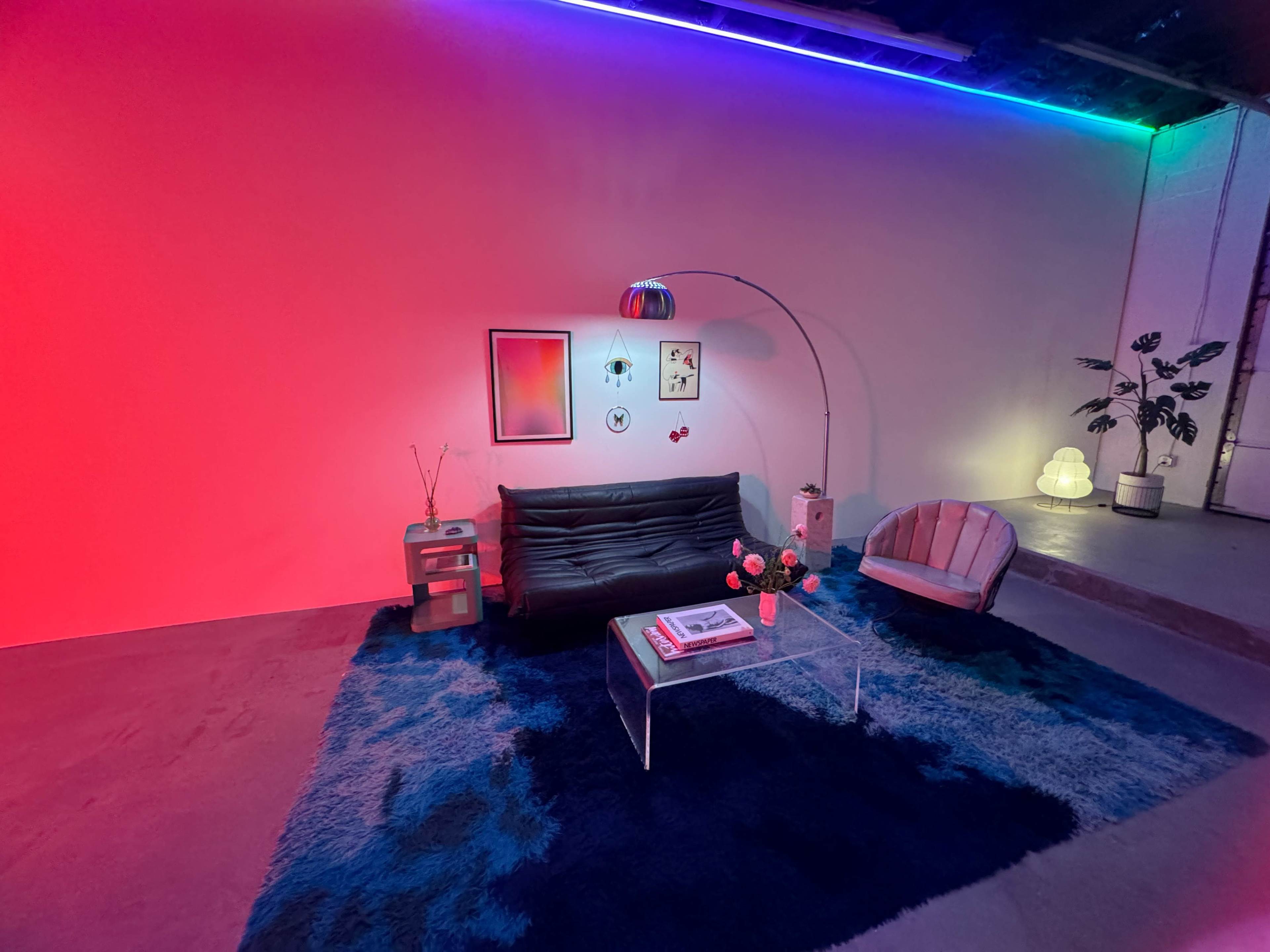 The image shows a modern living room setup featuring a black sofa, an arc floor lamp, a transparent coffee table, and decorative plants, all illuminated by colored lights.
