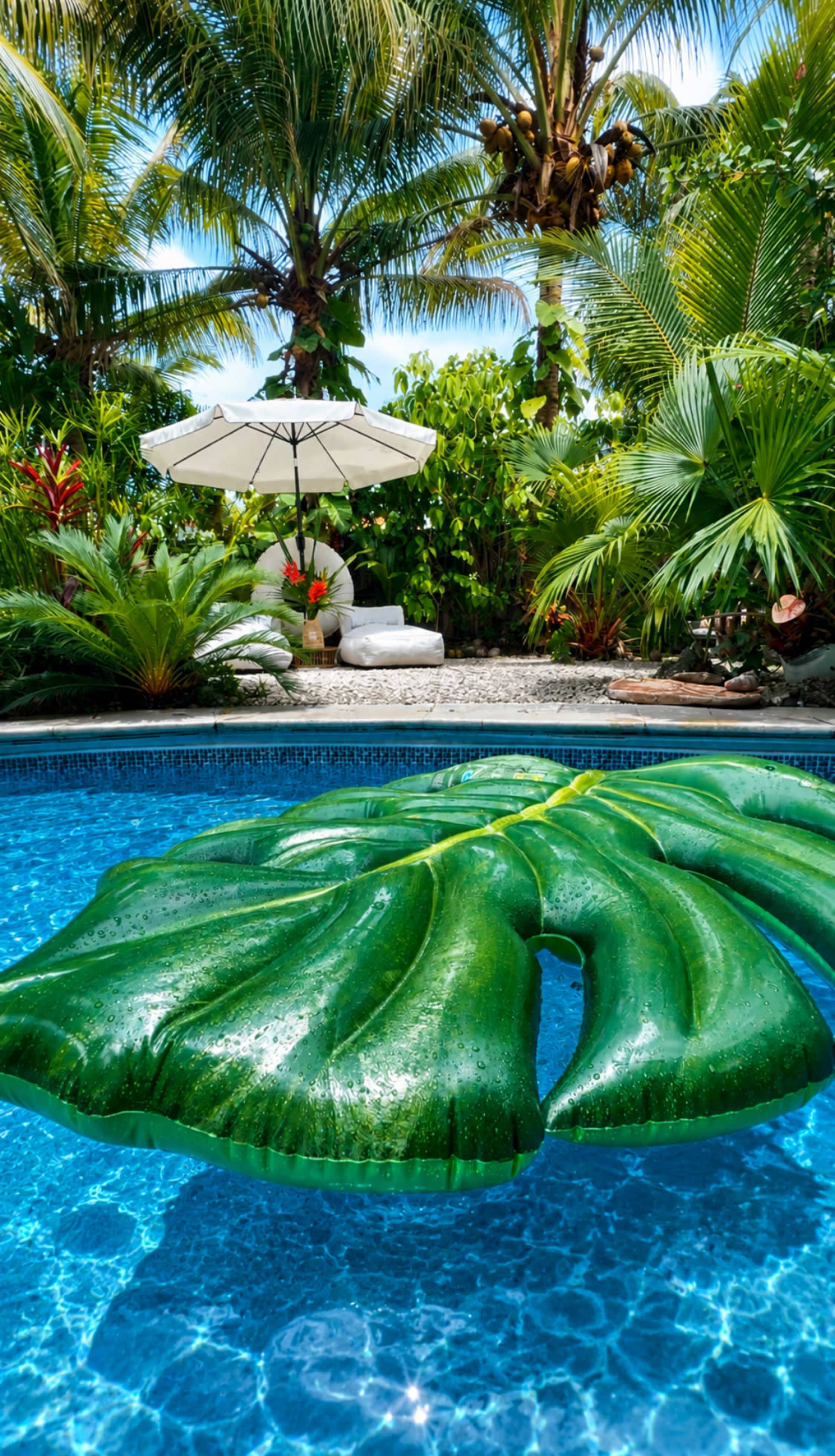 A large green leaf-shaped float rests in the clear blue water of a swimming pool surrounded by tropical plants and an umbrella-shaded lounge area.