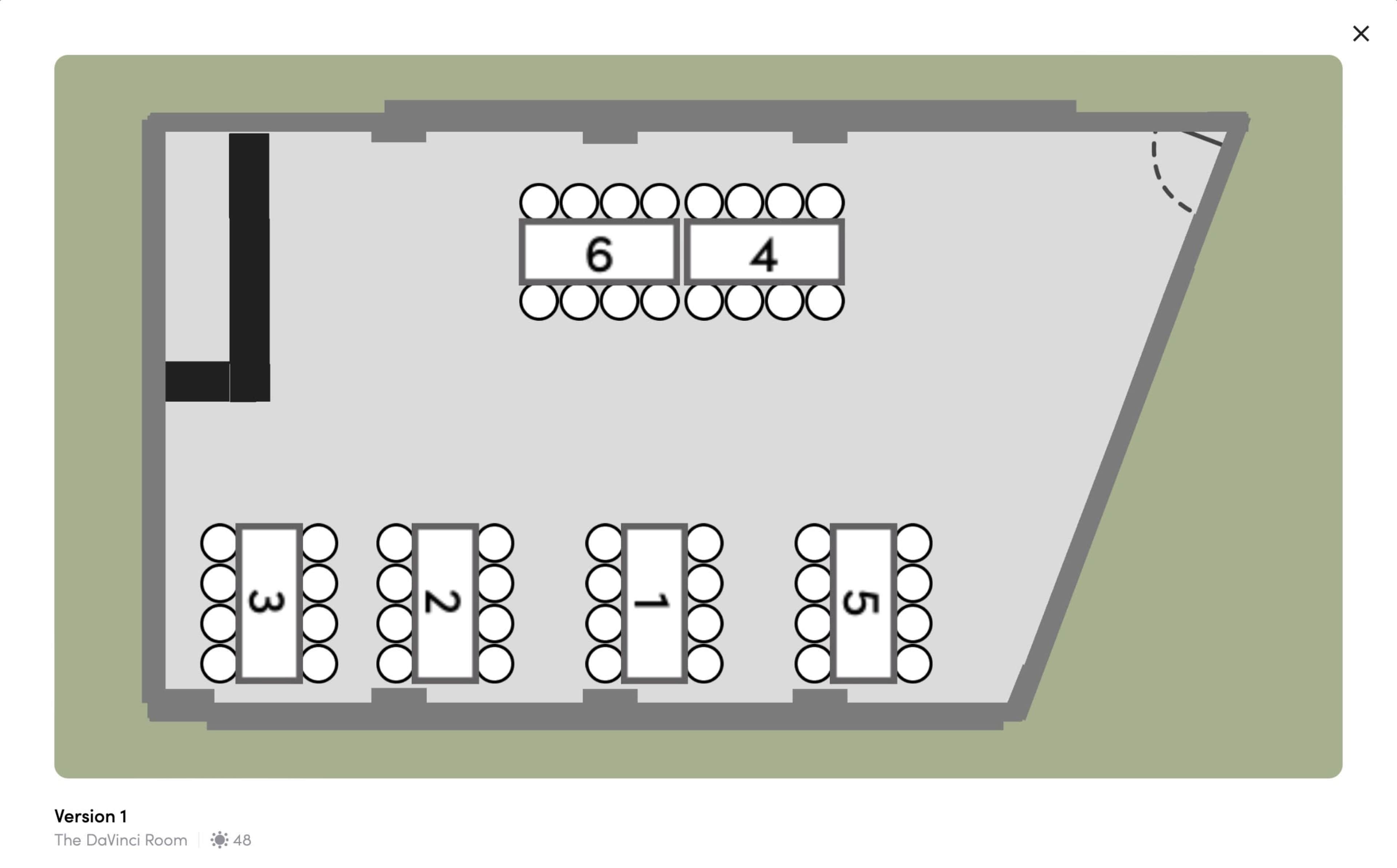 The layout displays a room called "The Dalloni Room" featuring rectangular tables arranged in multiple configurations, accommodating a total of 46 seats.