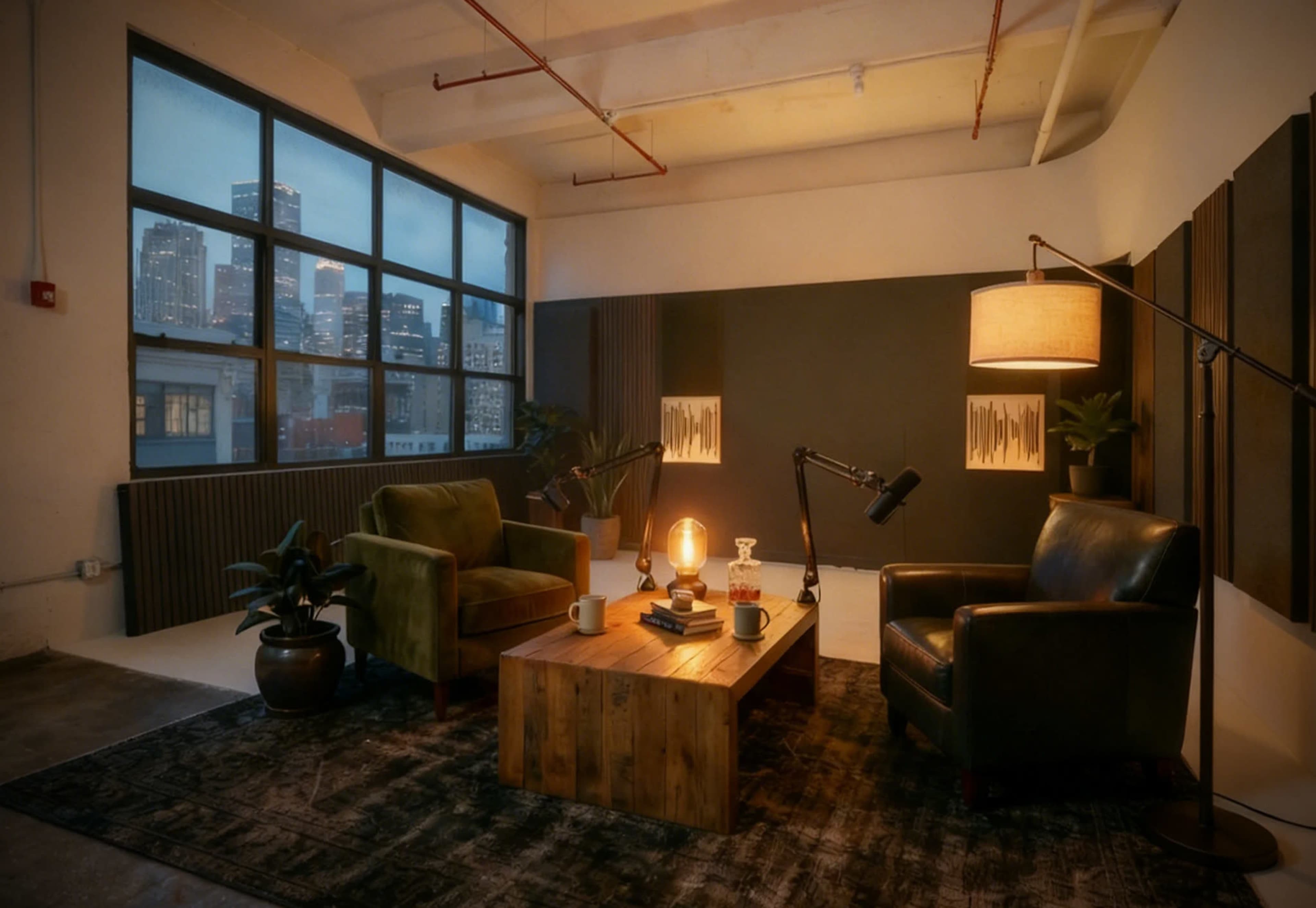 The image depicts a cozy urban living room setting with two armchairs, a coffee table, and large windows showcasing a city skyline at dusk.