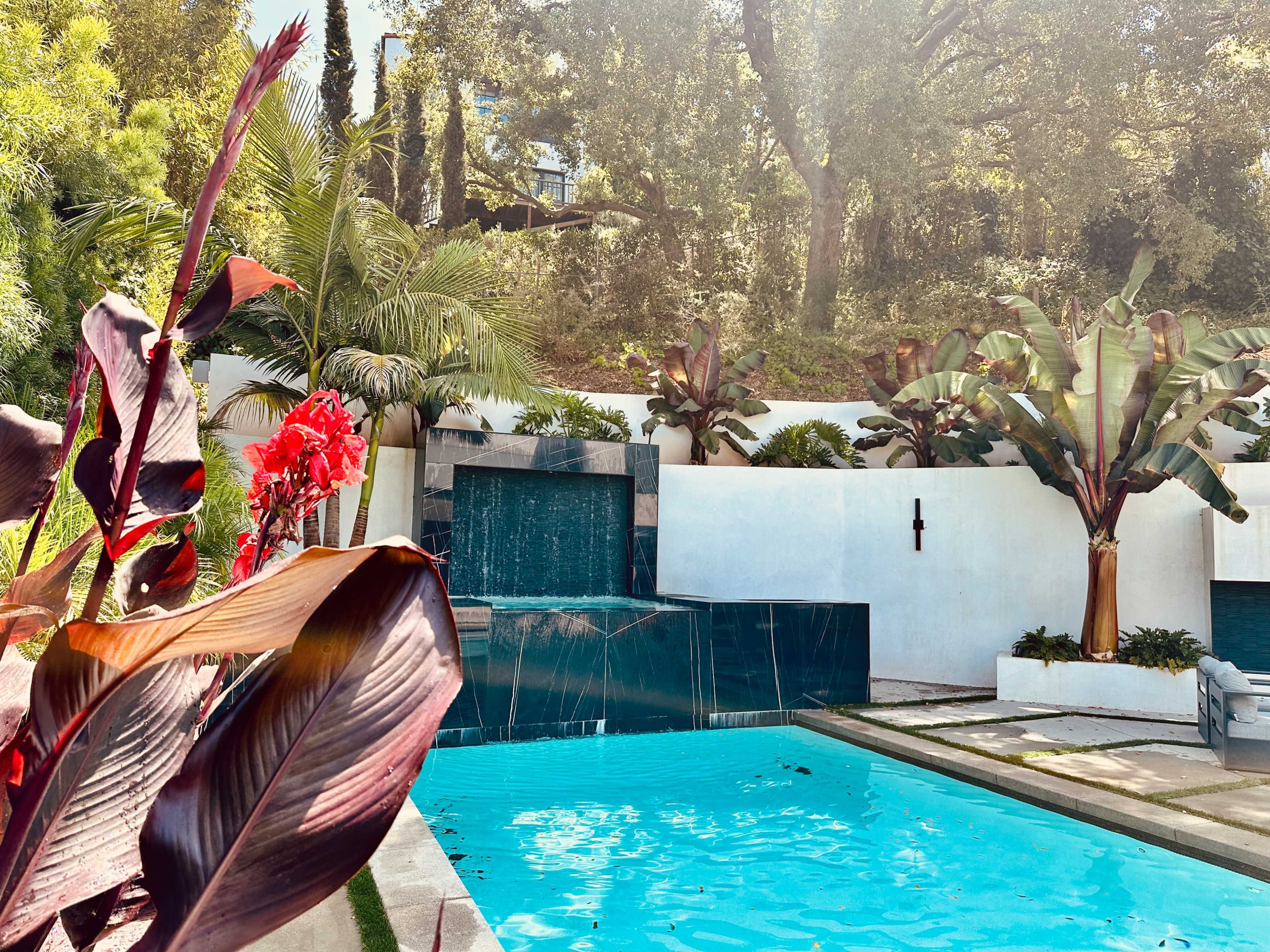 The image shows a modern swimming pool surrounded by lush greenery and decorative plants, with a wall feature that includes a water cascade.
