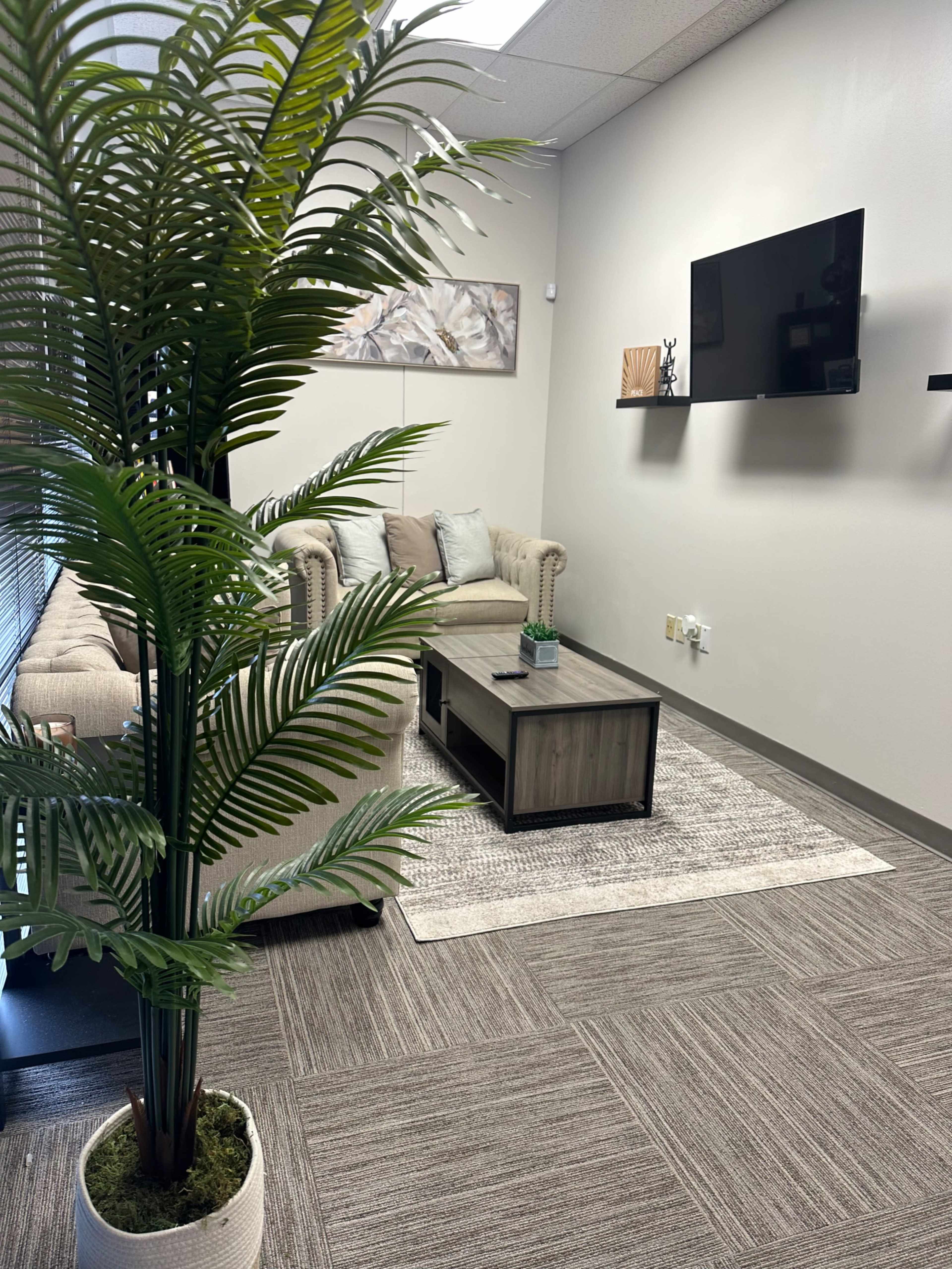 The image shows a modern lounge area with a beige sofa, a coffee table, a television mounted on the wall, and a potted plant in the foreground.