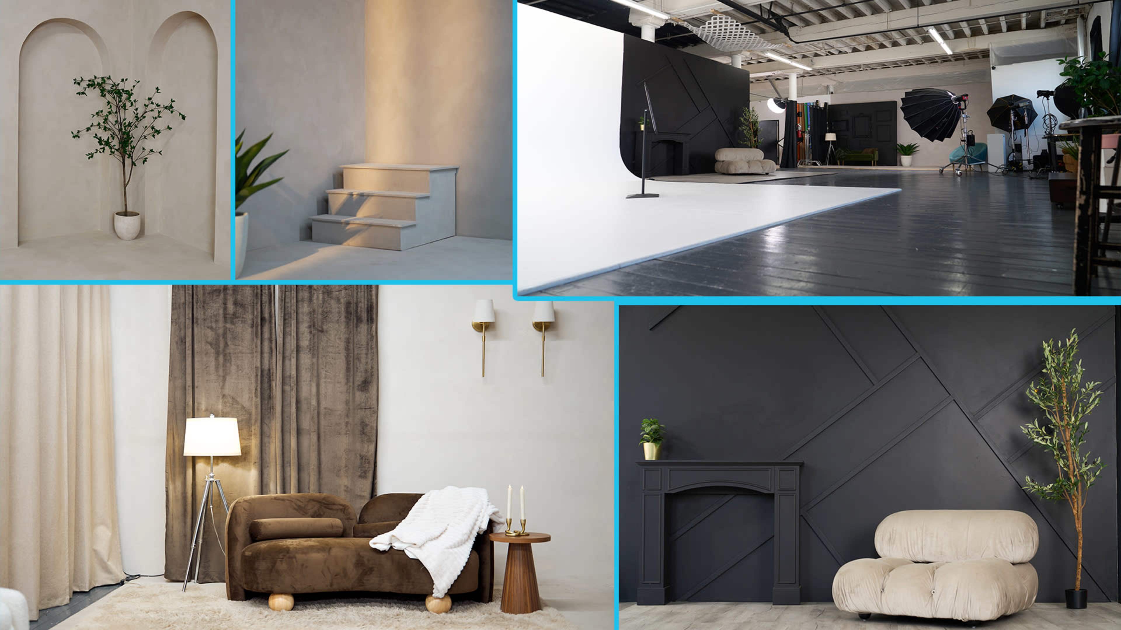 The image features a collage of various interior setups, including minimalist spaces with plants, furniture, and backdrops suitable for photography.