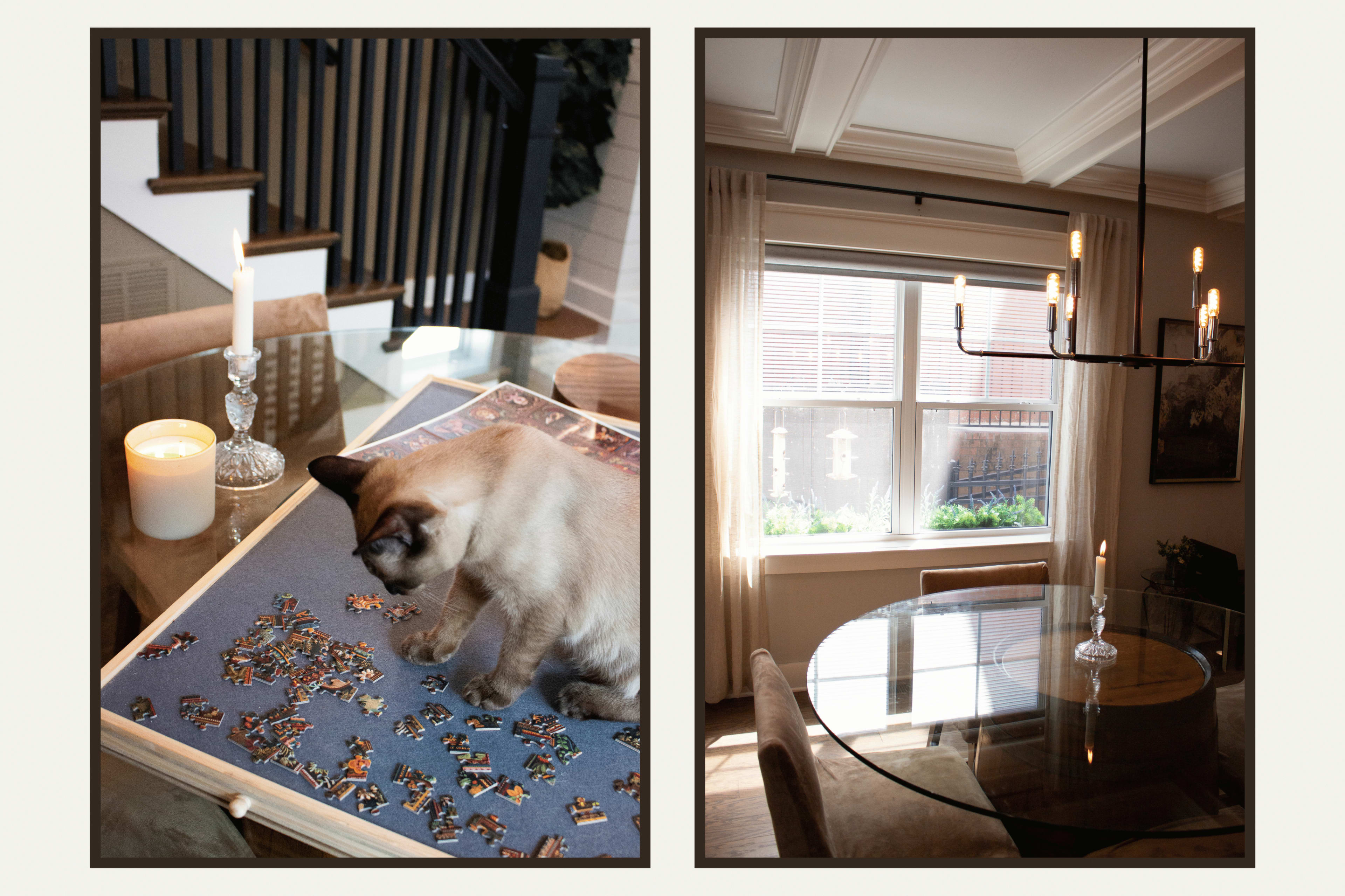 The image shows a Siamese cat playing with a jigsaw puzzle on a table, while the adjacent scene features a dining area with a round table and a window draped in sheer curtains.