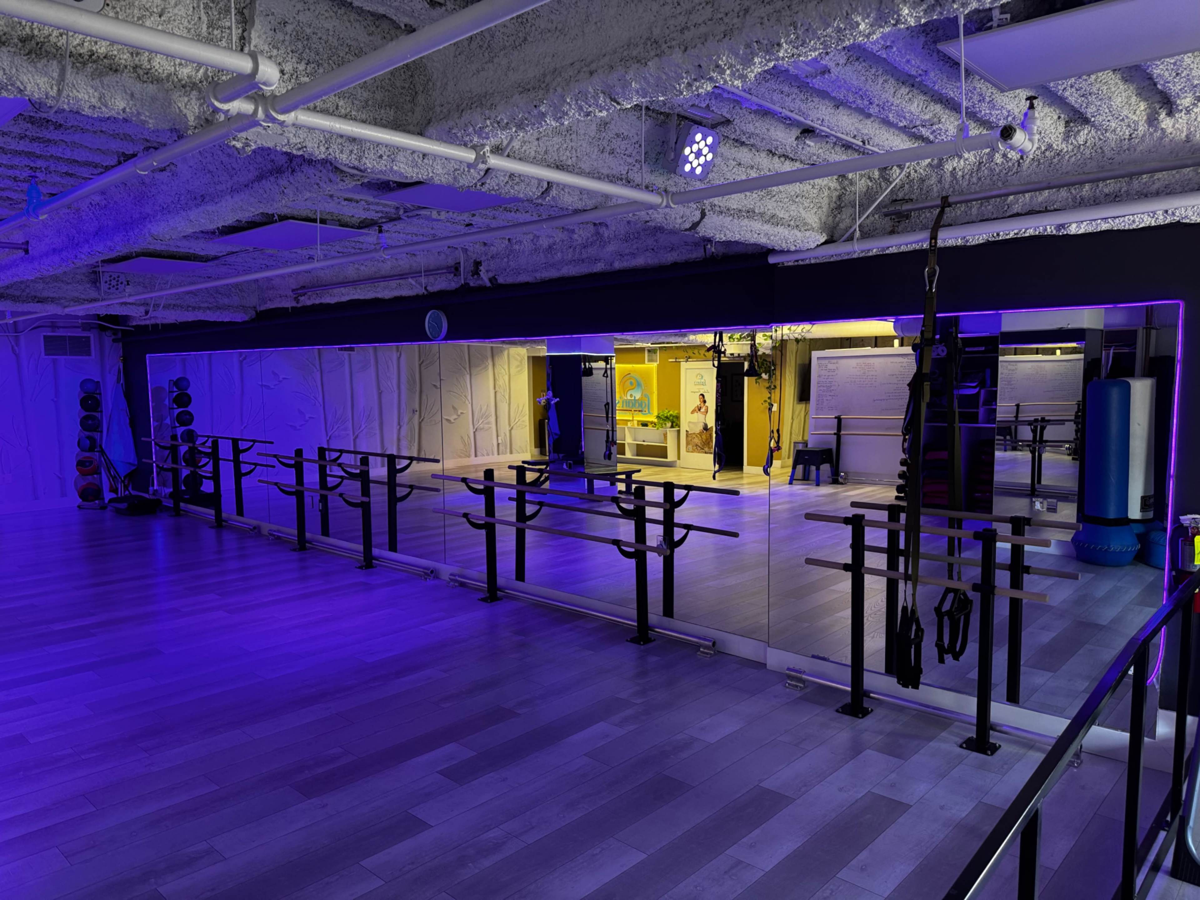 The image shows a fitness studio with a mirrored wall, exercise equipment, and ambient purple lighting.