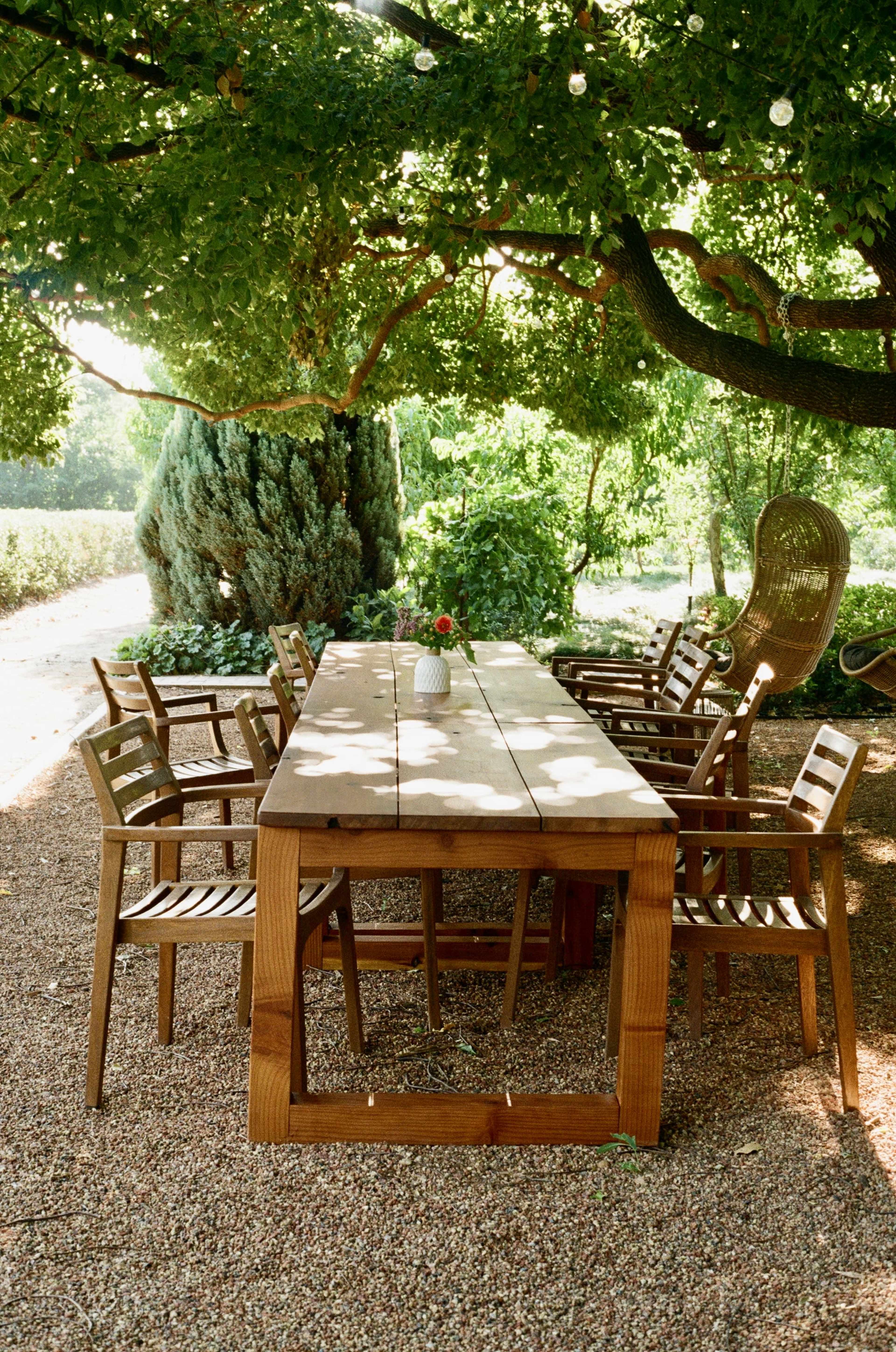 A wooden dining table surrounded by chairs is set under a lush tree in a garden.