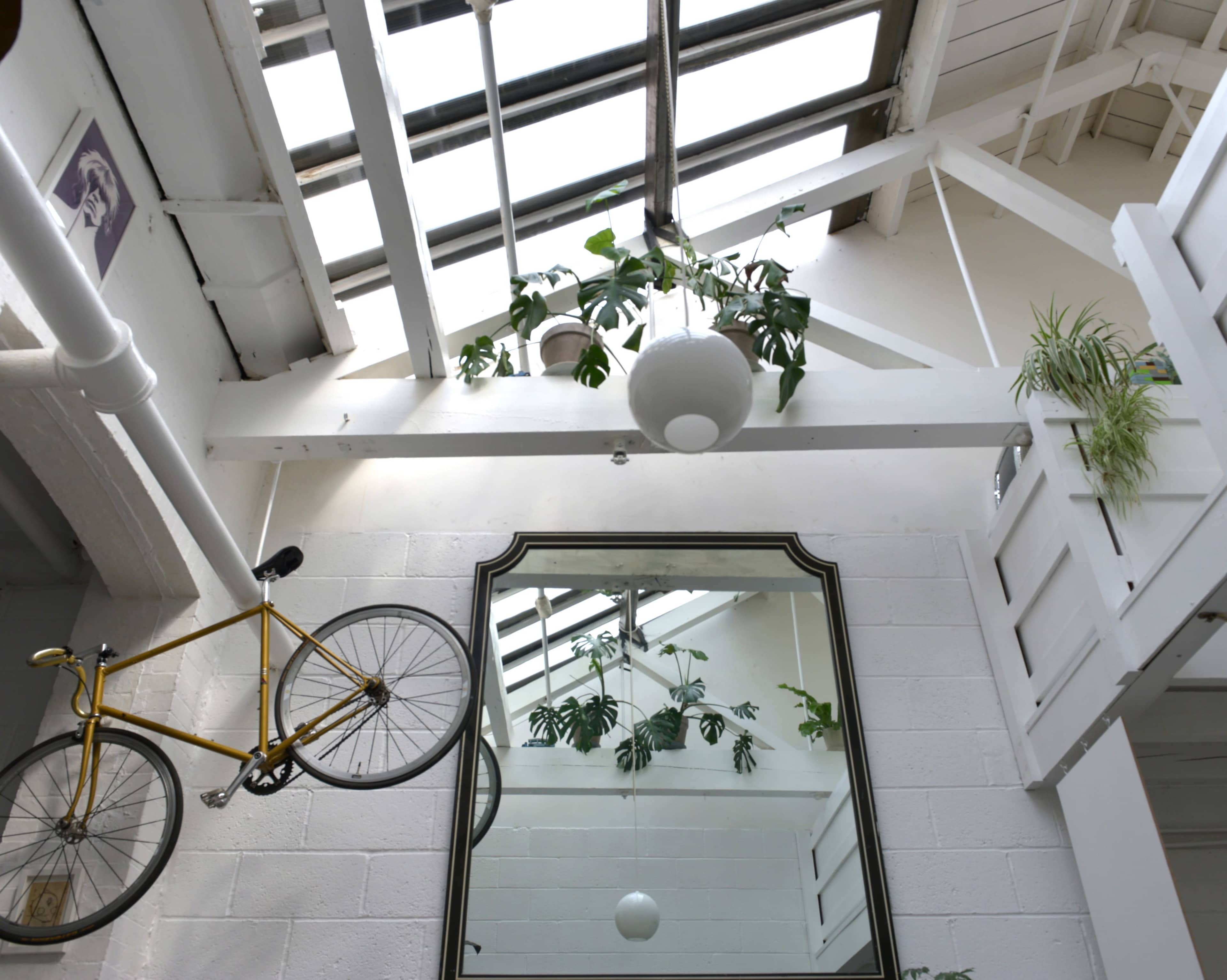 A bright, interior space with a golden bicycle mounted on the wall and a large mirror reflecting hanging plants and a skylight above.
