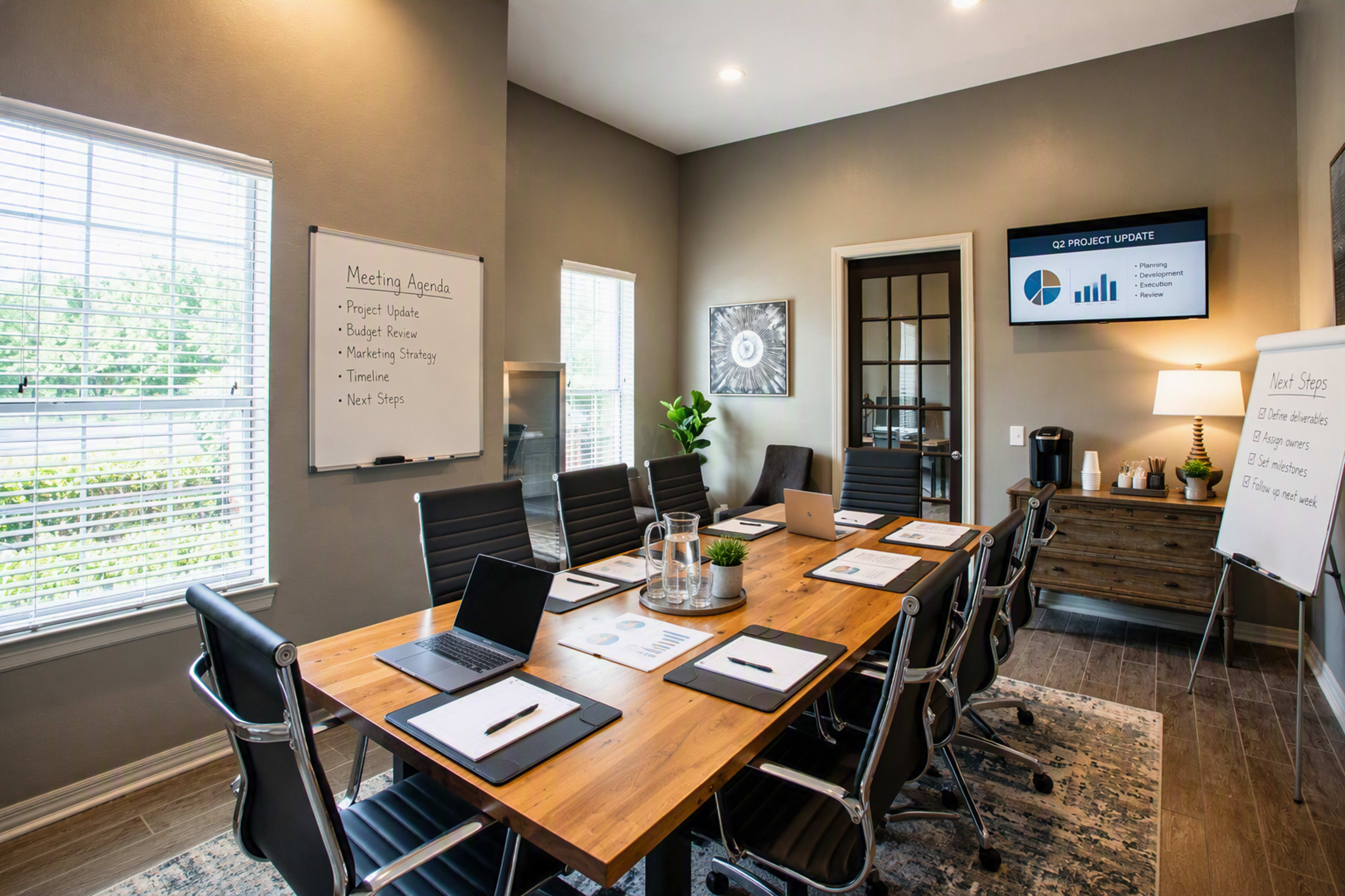 A modern conference room features a large wooden table surrounded by black chairs, with a whiteboard displaying a meeting agenda and a screen showing a project update.
