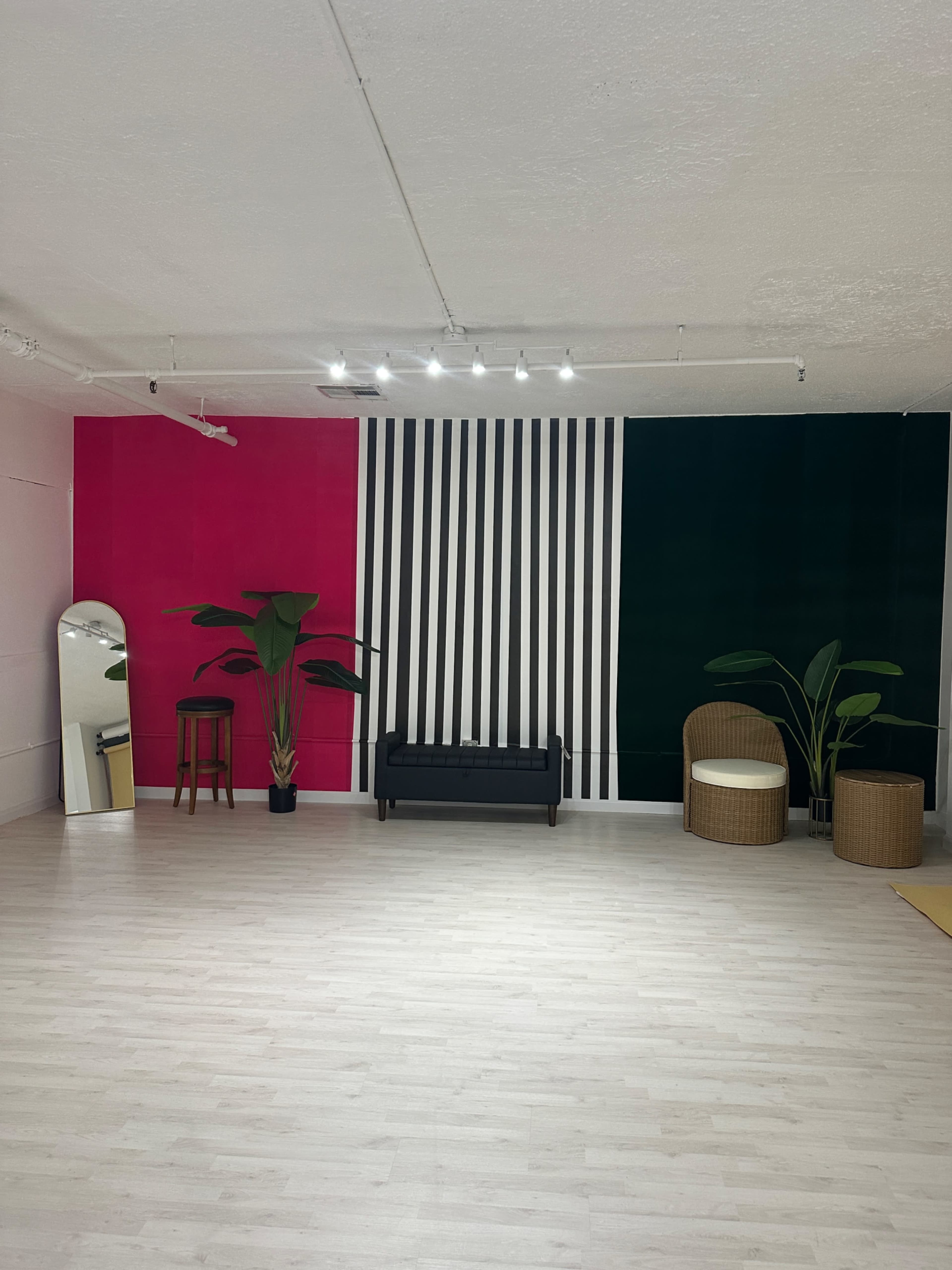 The image shows a spacious, brightly lit room featuring pink, black and white striped, and green accent walls, along with a mirror, a dark sofa, and two potted plants.
