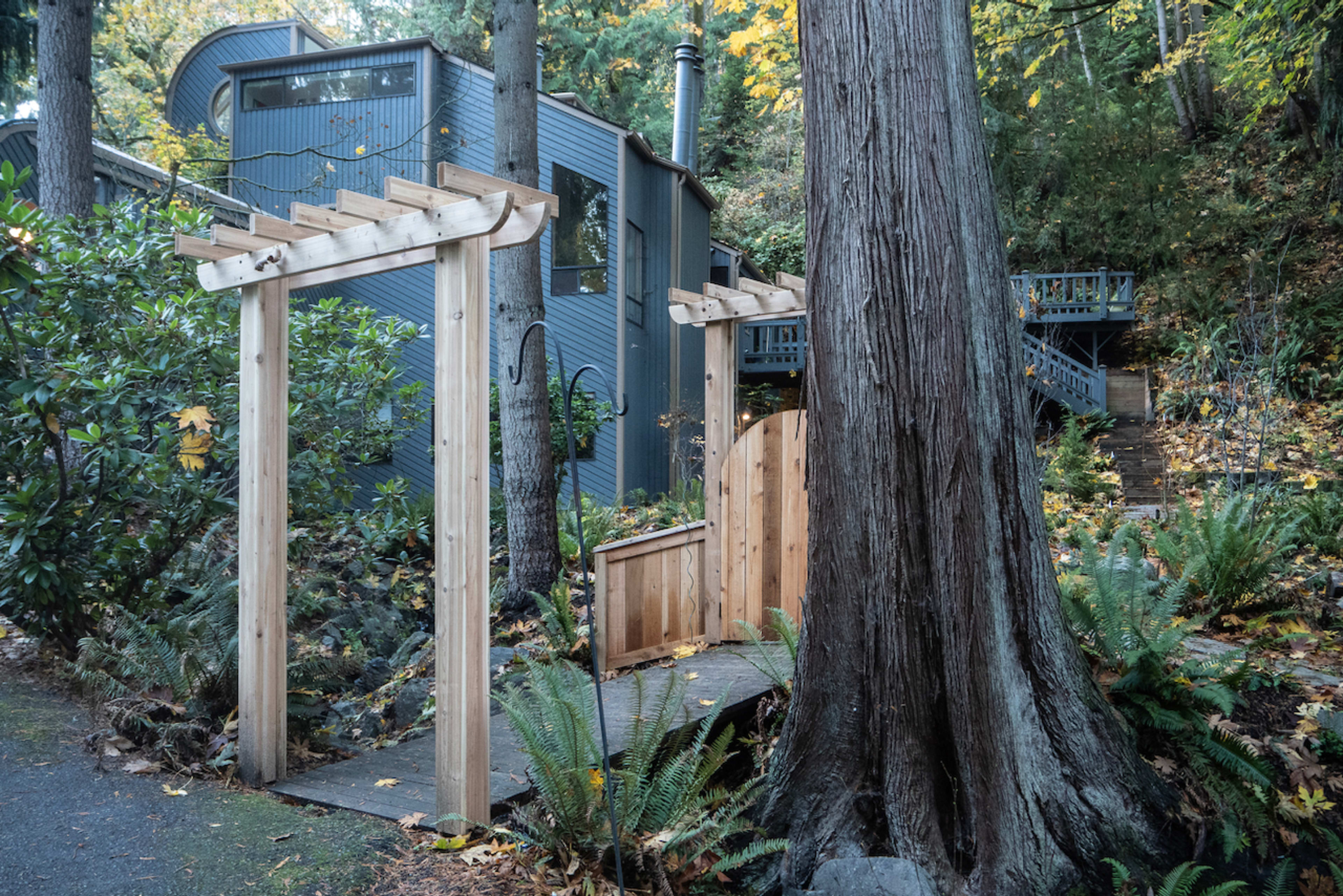A wooden archway leads to a secluded path beside a large tree, with a modern blue house and a deck visible in the background.