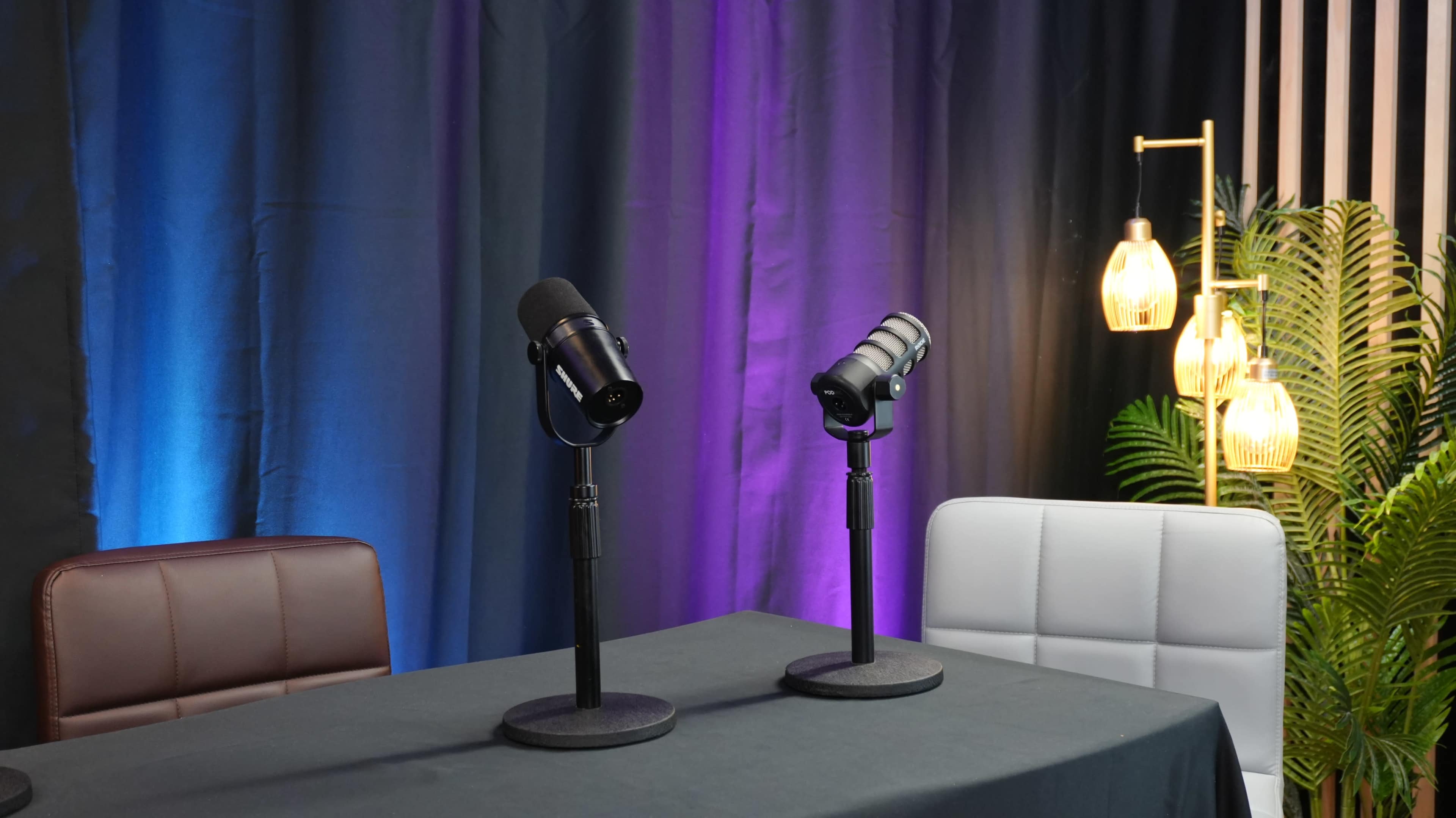 The image shows two microphones on stands positioned on a table with a dark, textured backdrop illuminated by purple and blue lights, alongside a lamp and a plant in the scene.