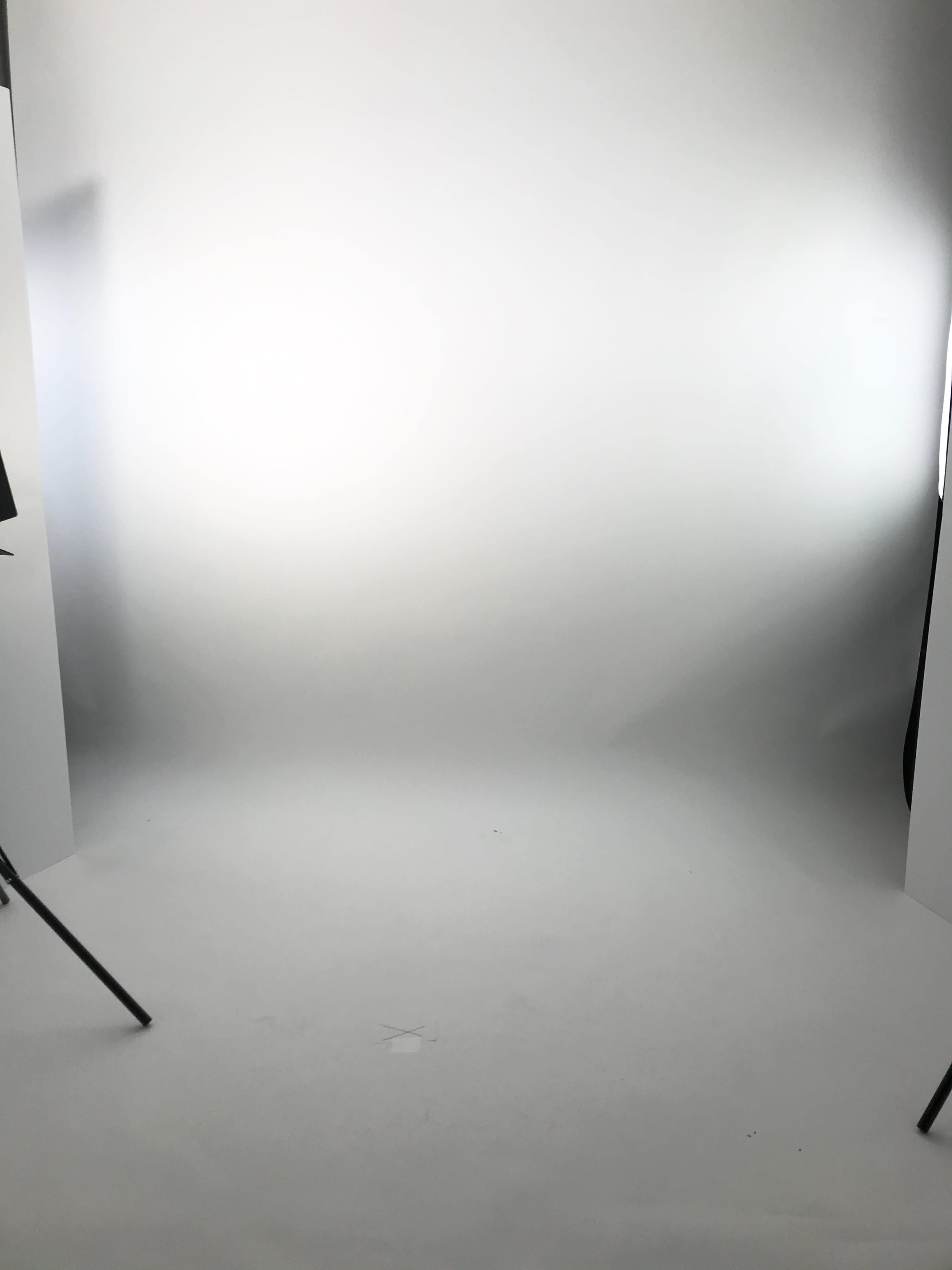 A blank studio backdrop with soft lighting and light stands on either side.