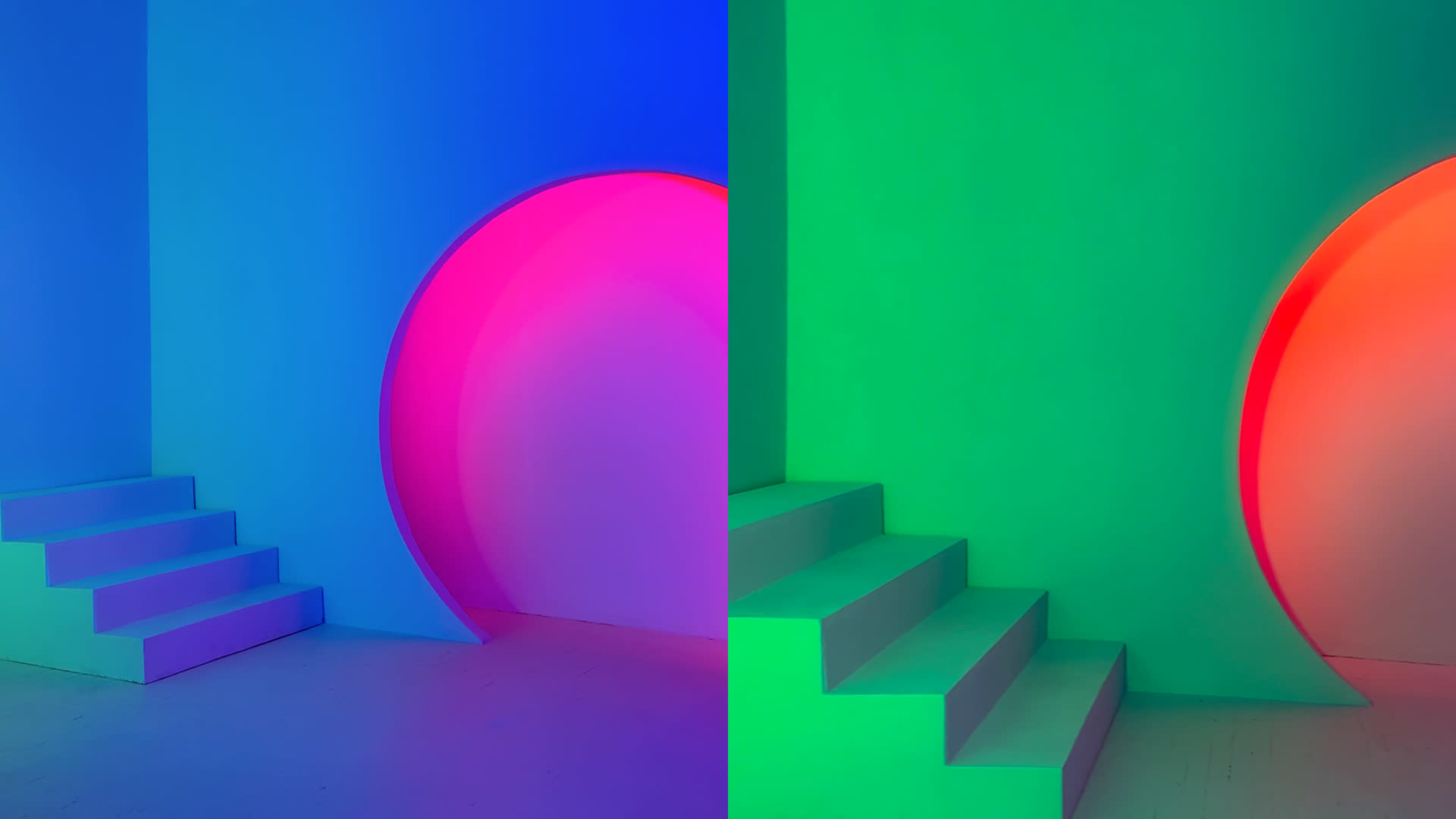 A split scene with a blue and pink circular arch on the left and green walls with white steps on the right.