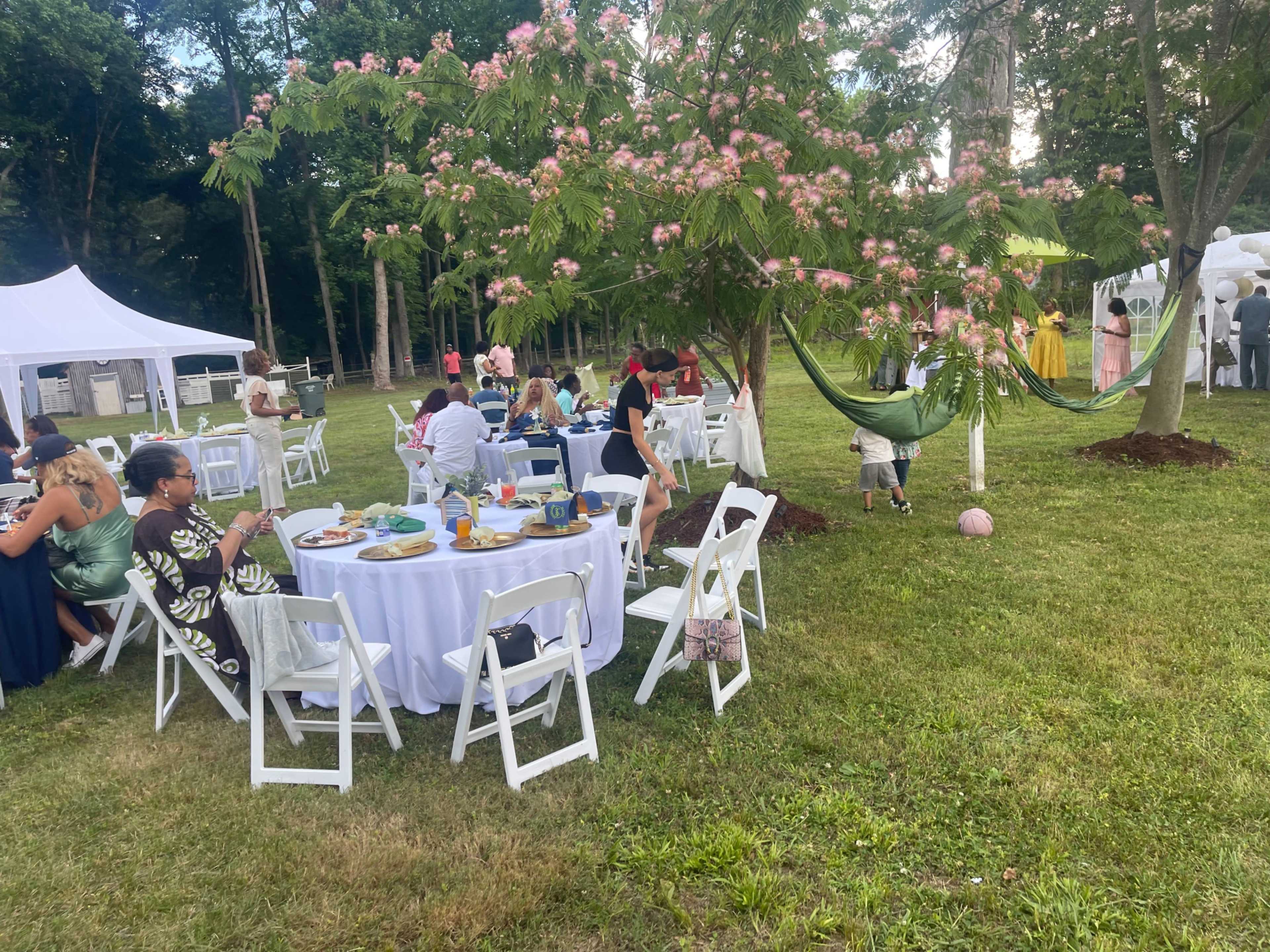 A garden event features guests seated at white tables with food, surrounded by trees and decorations.