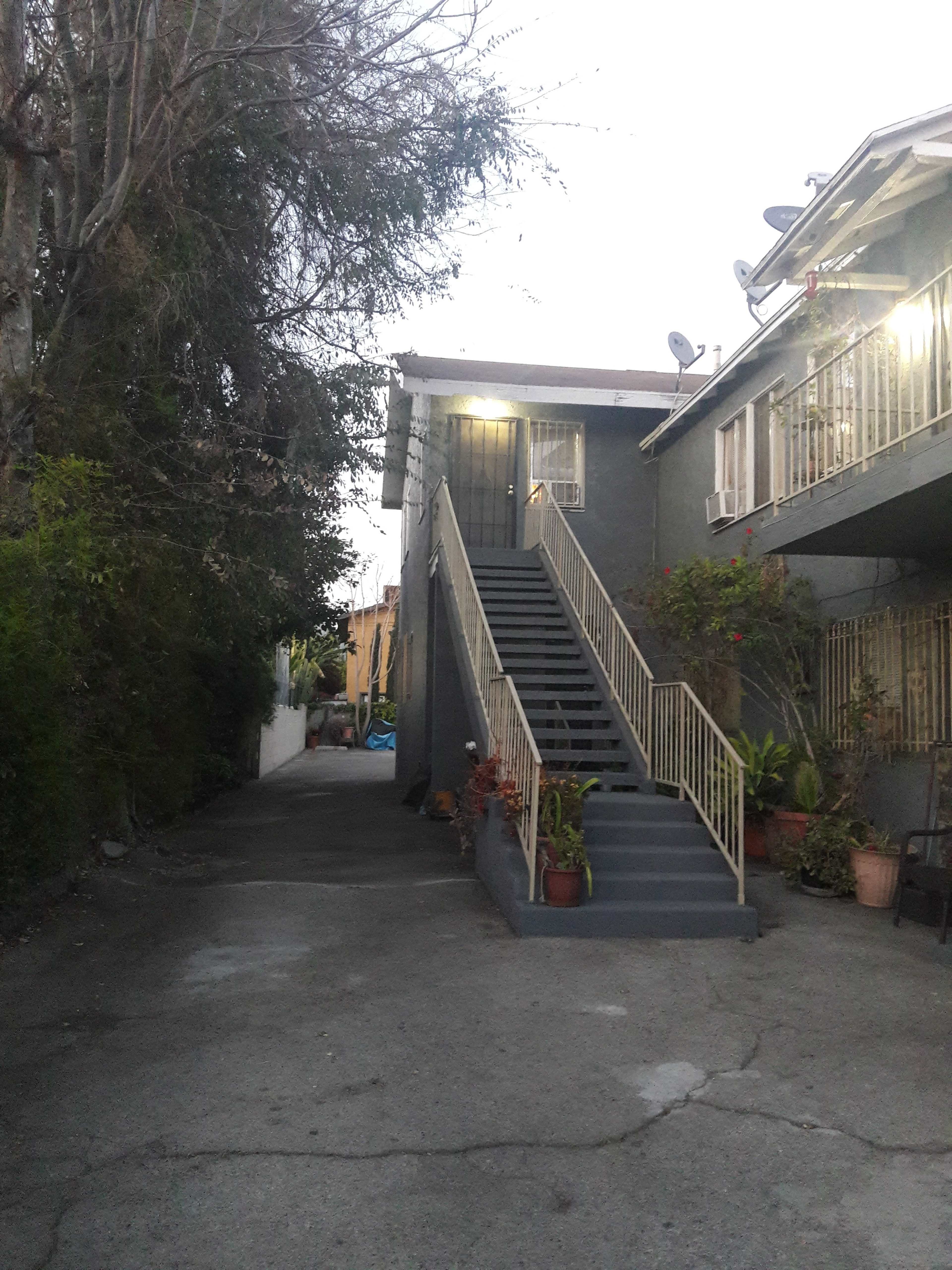 A narrow pathway leads to a set of stairs on a building with plants and outdoor lights.