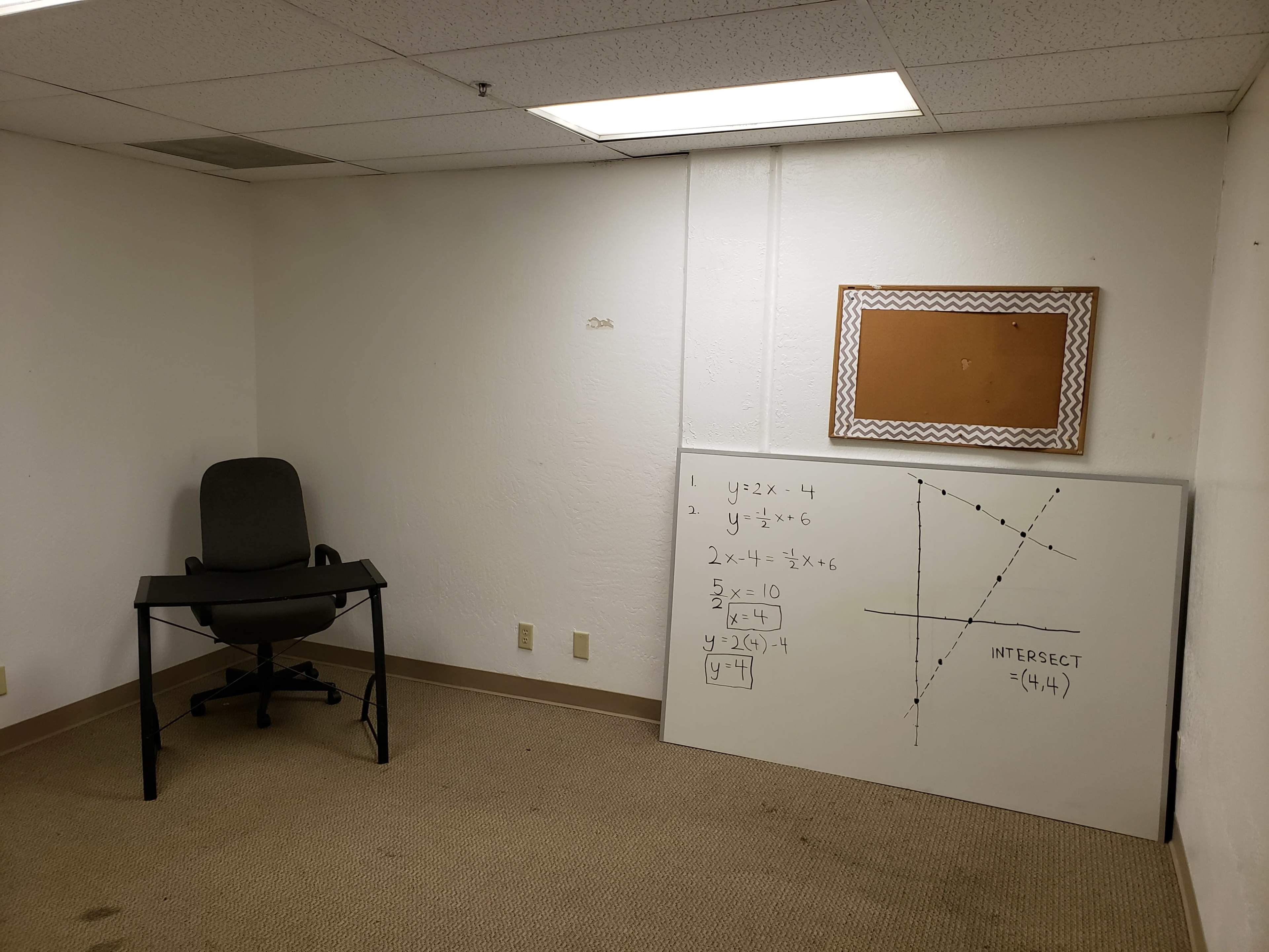 A sparsely furnished room with a single chair and a whiteboard featuring several mathematical equations and a graph.