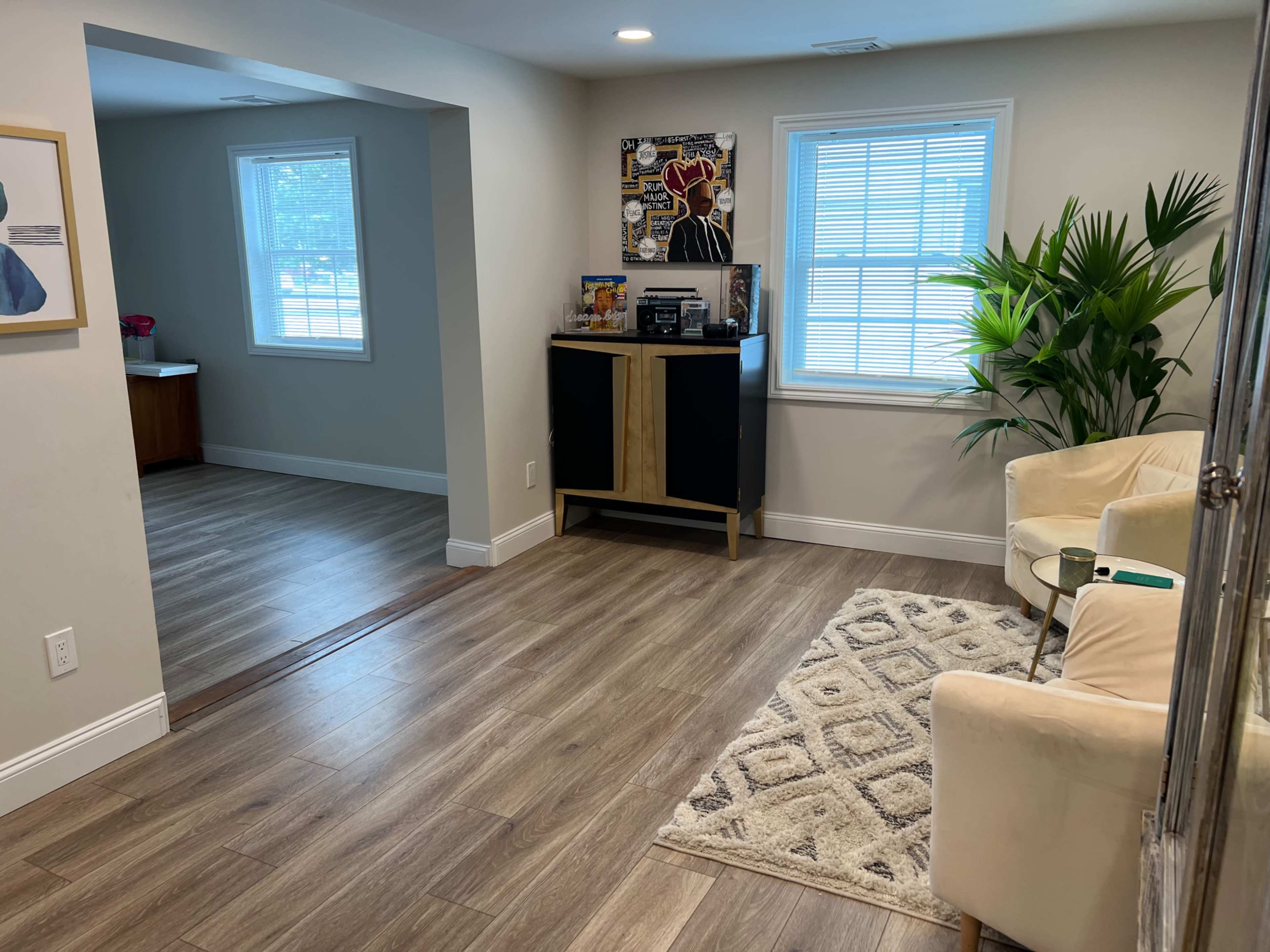 A modern, well-lit living space with a beige armchair, a patterned rug, a large houseplant, and a black cabinet against a pale wall.