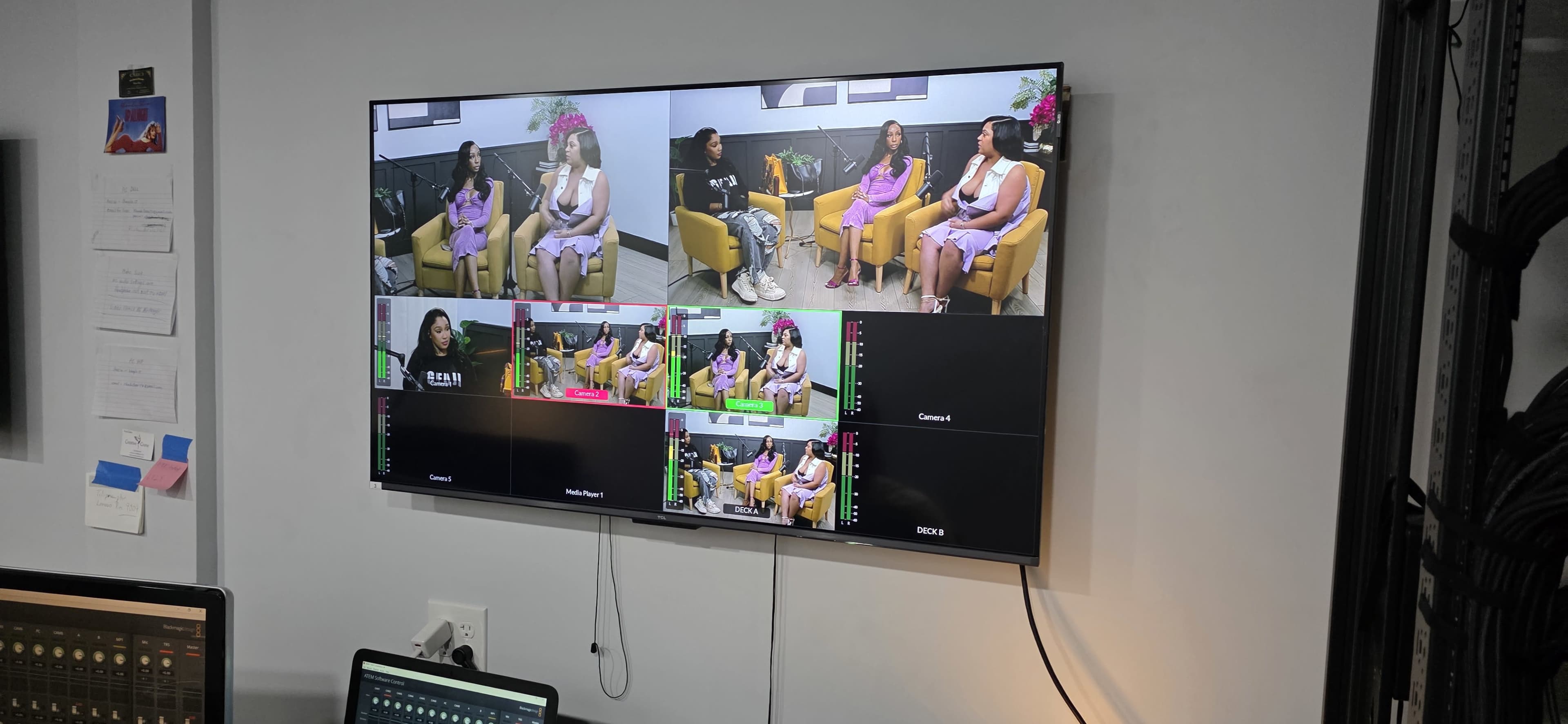 A television monitor displays multiple camera angles of a talk show featuring two women seated on yellow chairs.
