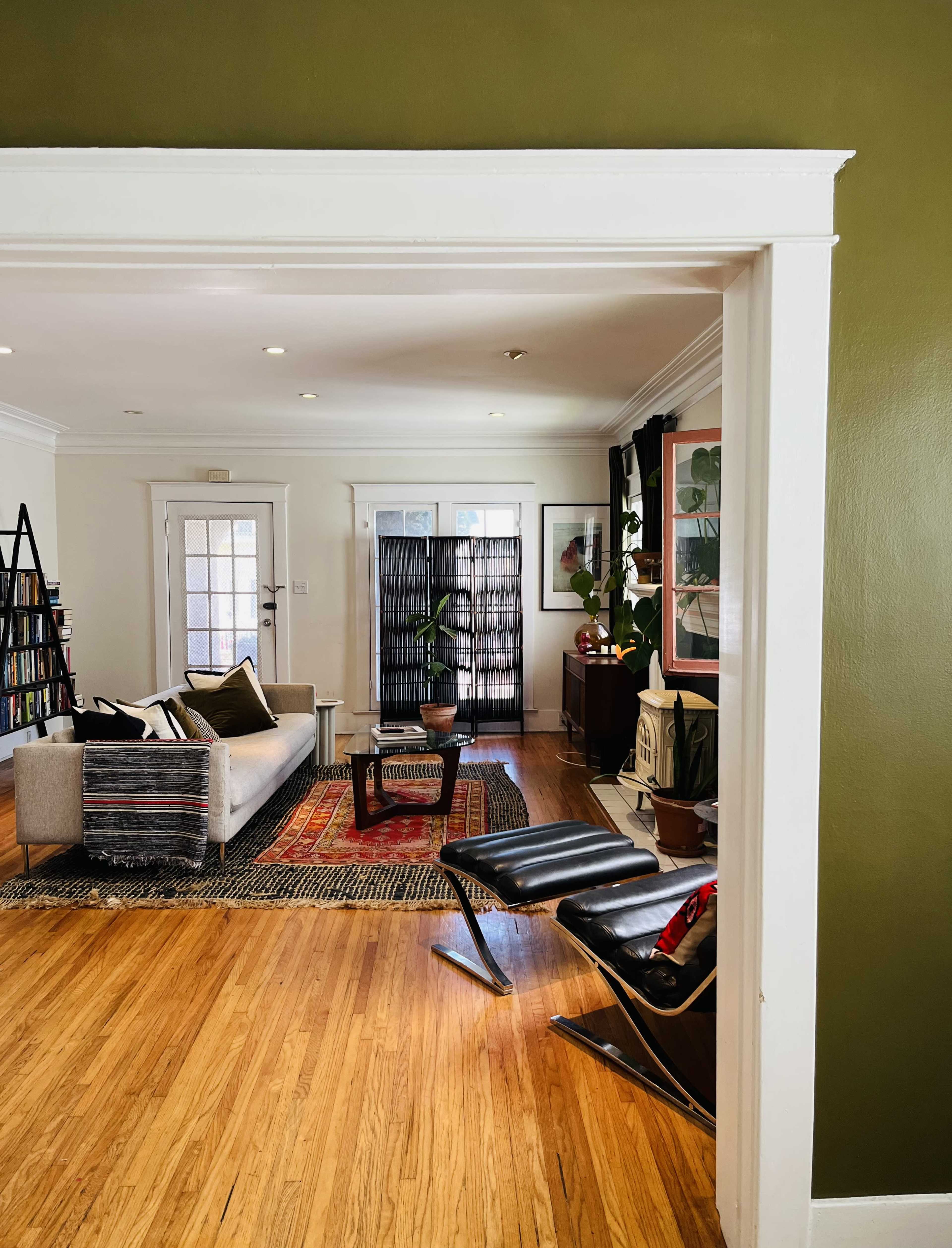 A cozy living room features a gray sofa, a wooden chair, plants, and a bookshelf, with green walls and hardwood flooring.