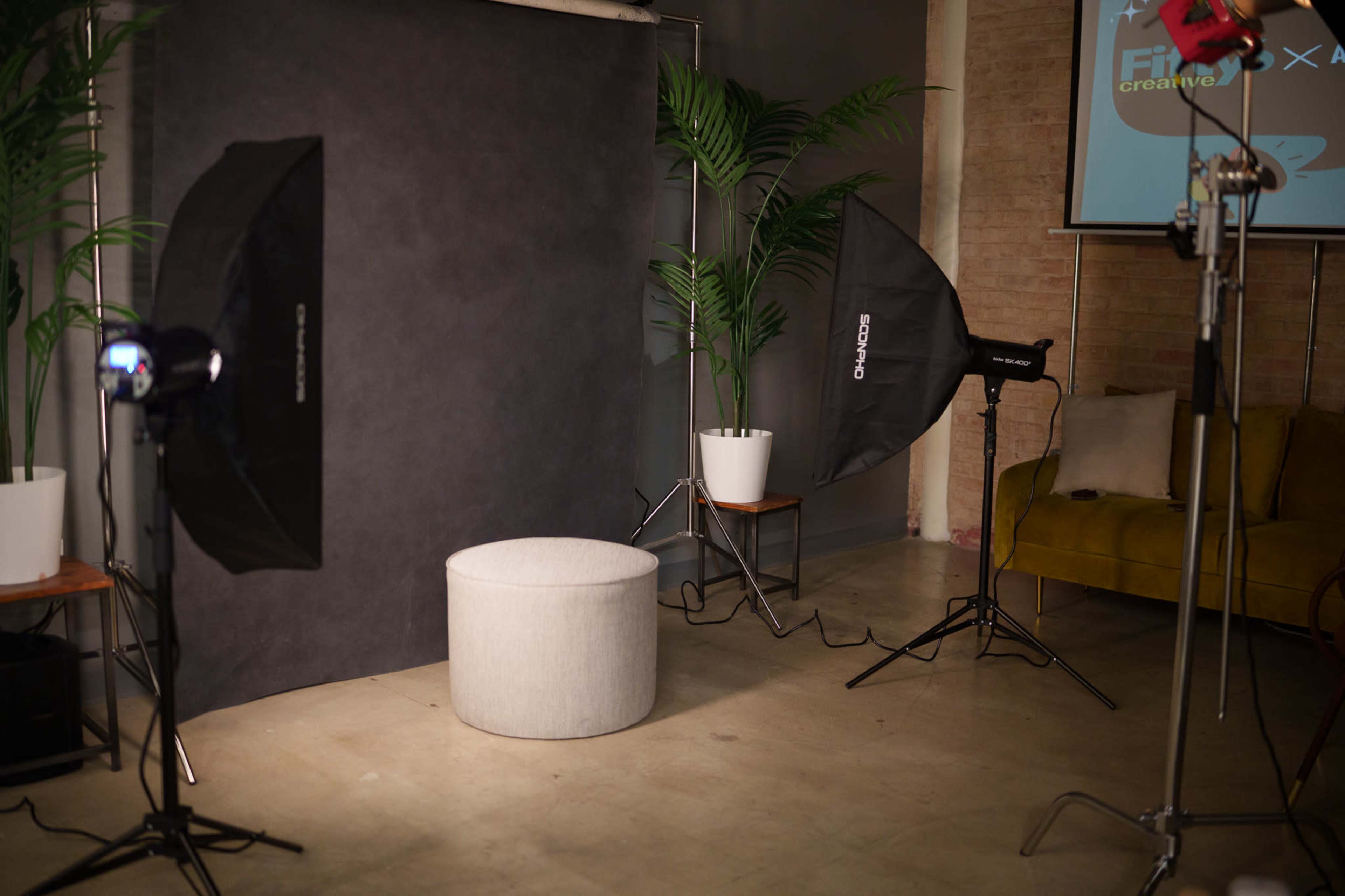 The image shows a photography studio setup featuring a gray backdrop, two large softbox lights, a round stool, and a plant in the background.