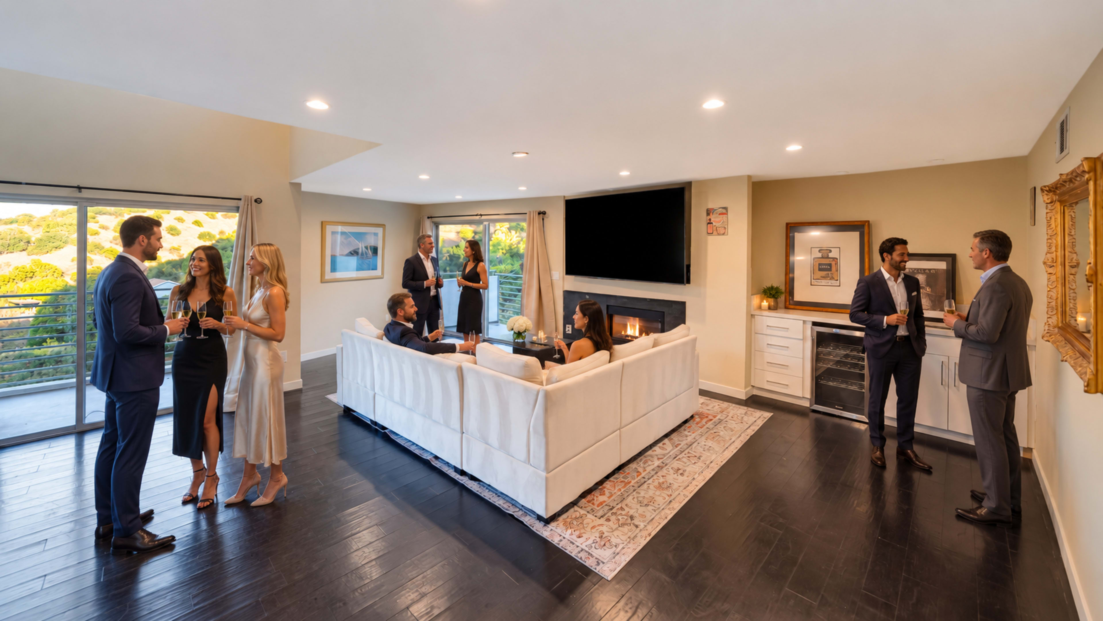 A group of people socialize during a gathering in a modern living room featuring a white sectional sofa, a fireplace, and large windows overlooking a scenic view.