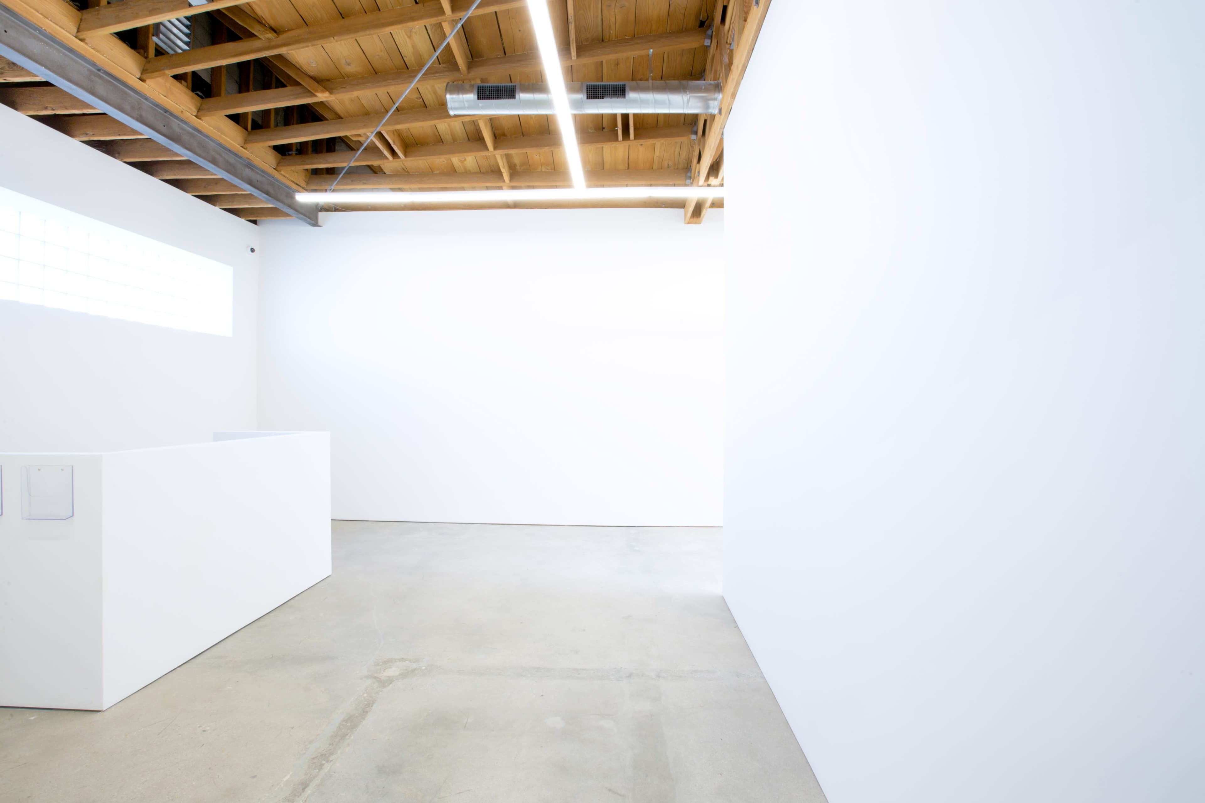 The image shows a minimalist interior space with white walls and a ceiling featuring exposed wooden beams, along with a concrete floor.