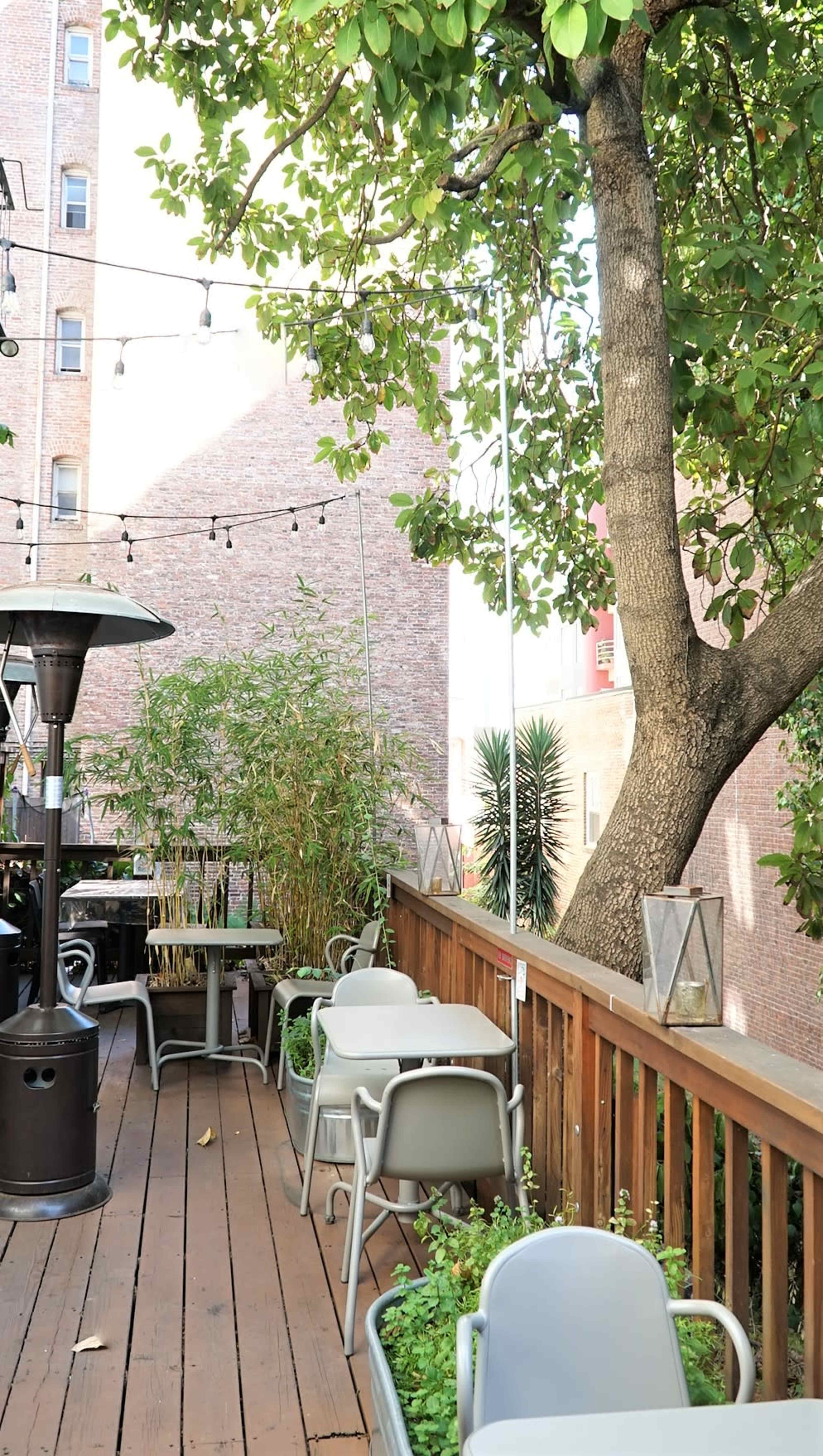 A wooden deck with seating areas is surrounded by greenery and strung lights, beside a large tree.