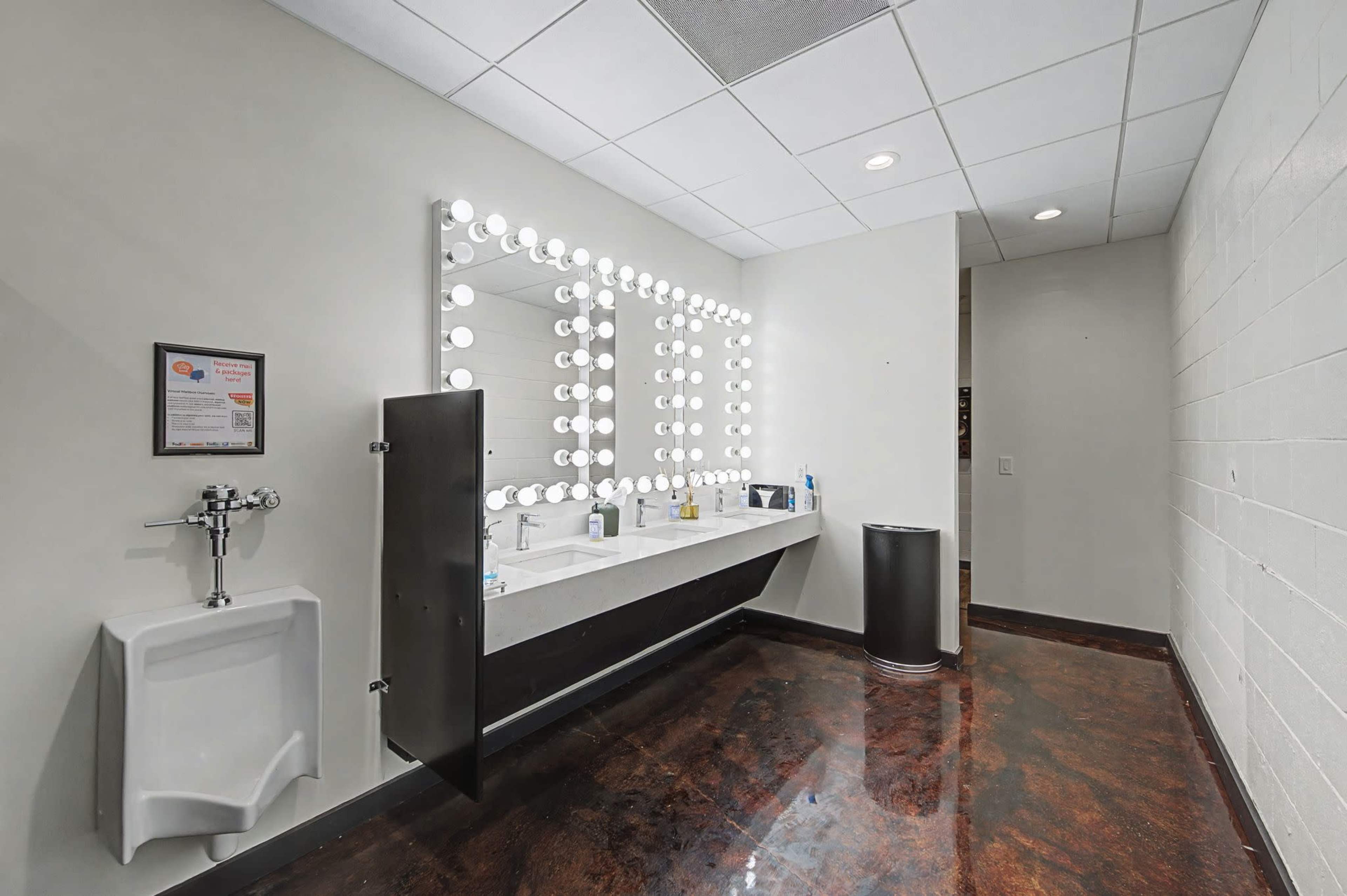 The image shows a modern bathroom with a vanity area featuring bright vanity lights, a urinal on the left, and a trash can beside the wall.