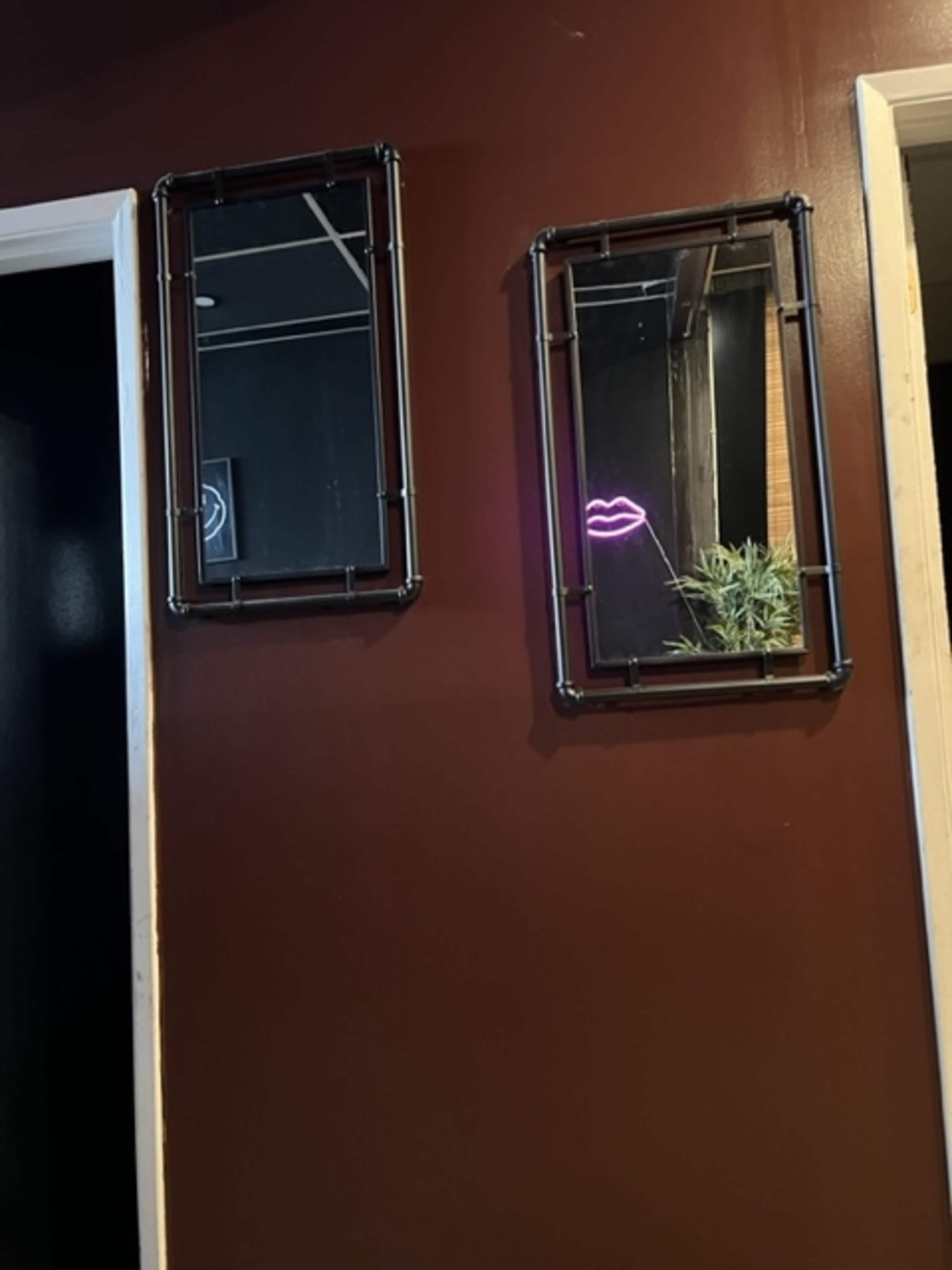 Two rectangular mirrors are mounted on a dark brown wall, with a neon lip sign and a small plant reflected in one of them.